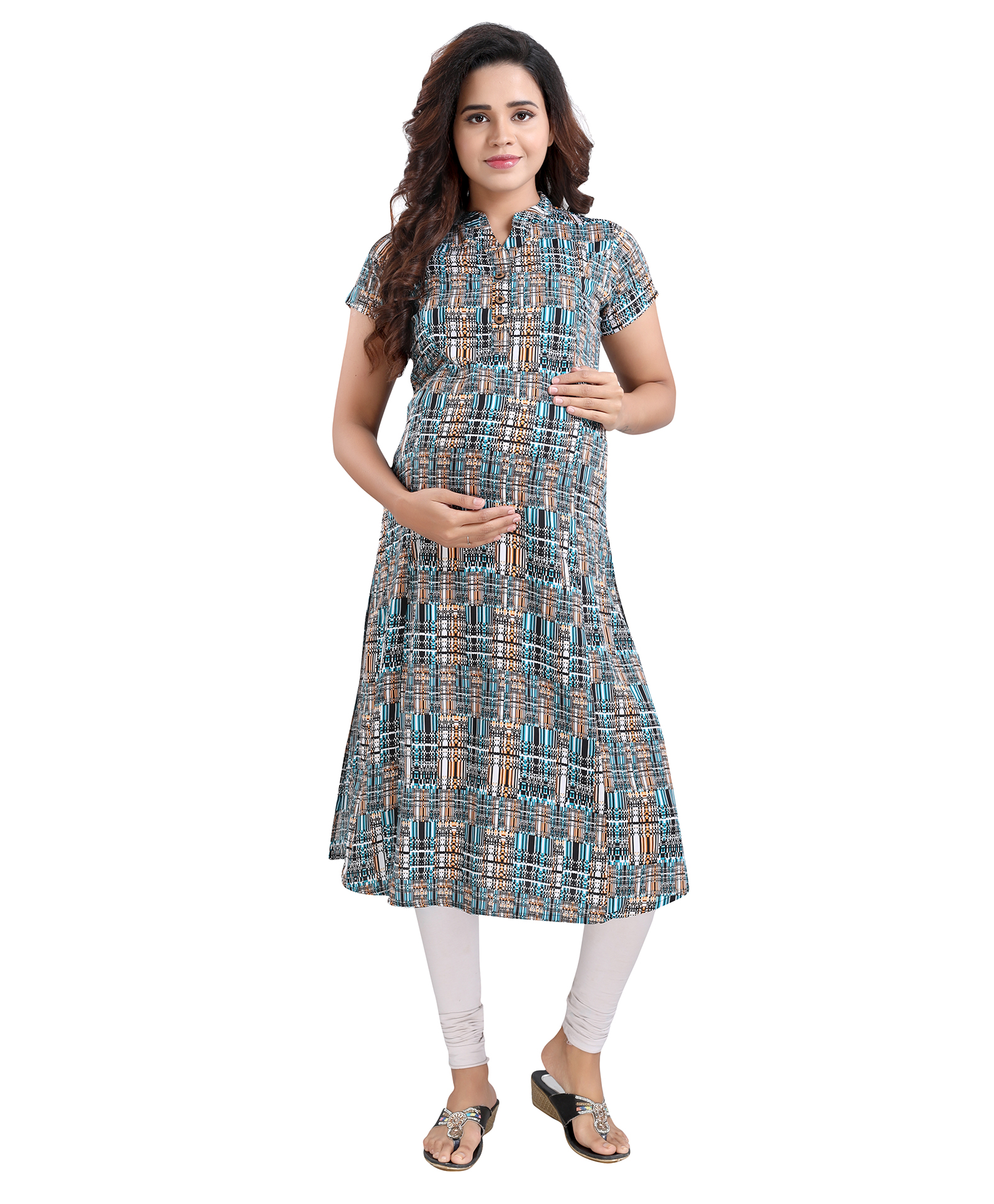 Mamma's Maternity Half Sleeves Abstract Printed Kurta With Concealed Zipper Nursing Access - Green & Black-picture-32