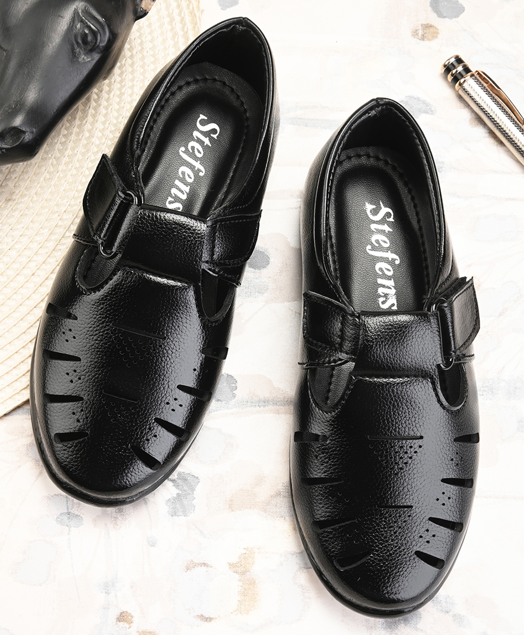 Stefens Laser Cut Out Velcro Closure Sandals - Black-picture-17