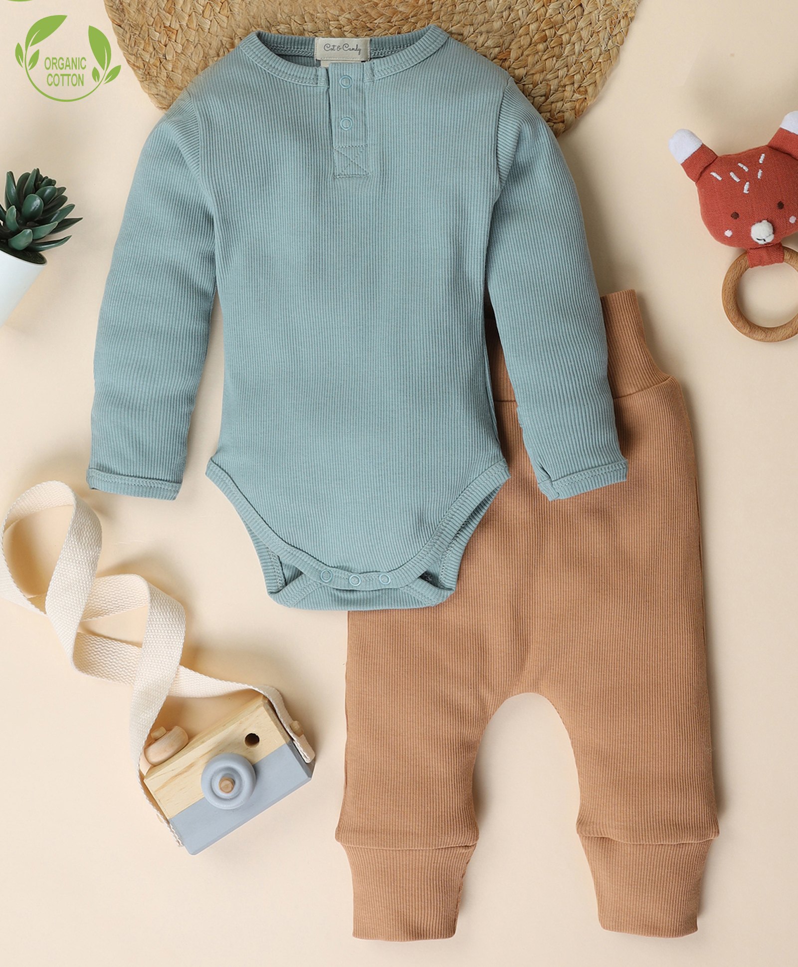 Cot & Candy Organic Cotton Full Sleeves Ribbed Onesie With Coordinating Leggings - Grey & Brown-picture-35