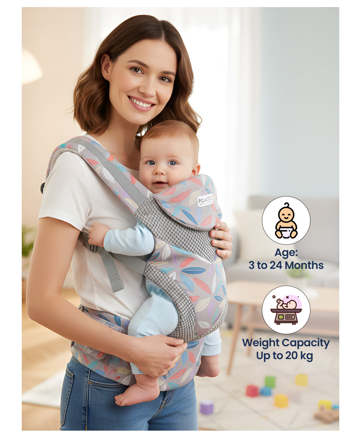 Polka Tots Beige Color Easy Breezy Leaf Print Adjustable Baby Carrier For New-Born to Toddler ( 3 to 24 Months )-picture-16