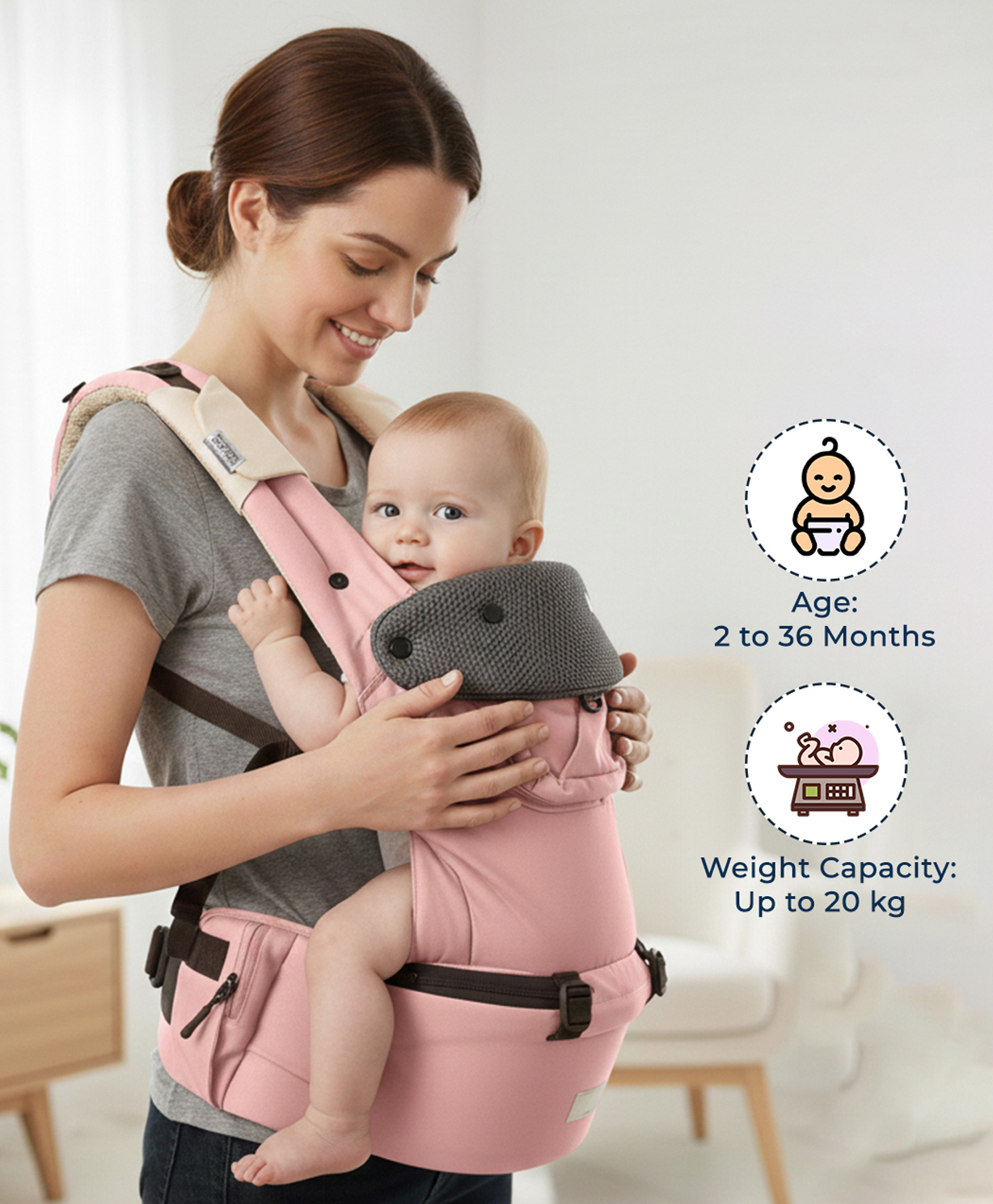Polka Tots 6 in 1 Baby Carrier with Detachable Hip Seat, Ergonomic Convertible , Adjustable Soft Kangaroo Waistbelt for 3 to 36 Months - Peach-picture-25