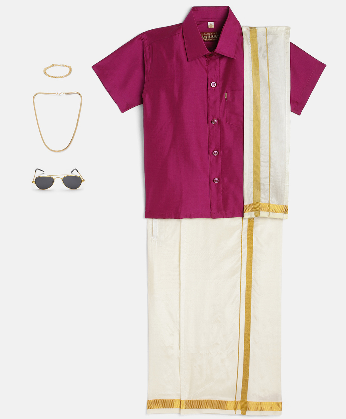 THANGAMAGAN Viscose Half Sleeve Shirt With Mundu & Angavastram With Freebies Set - Violet-picture-10