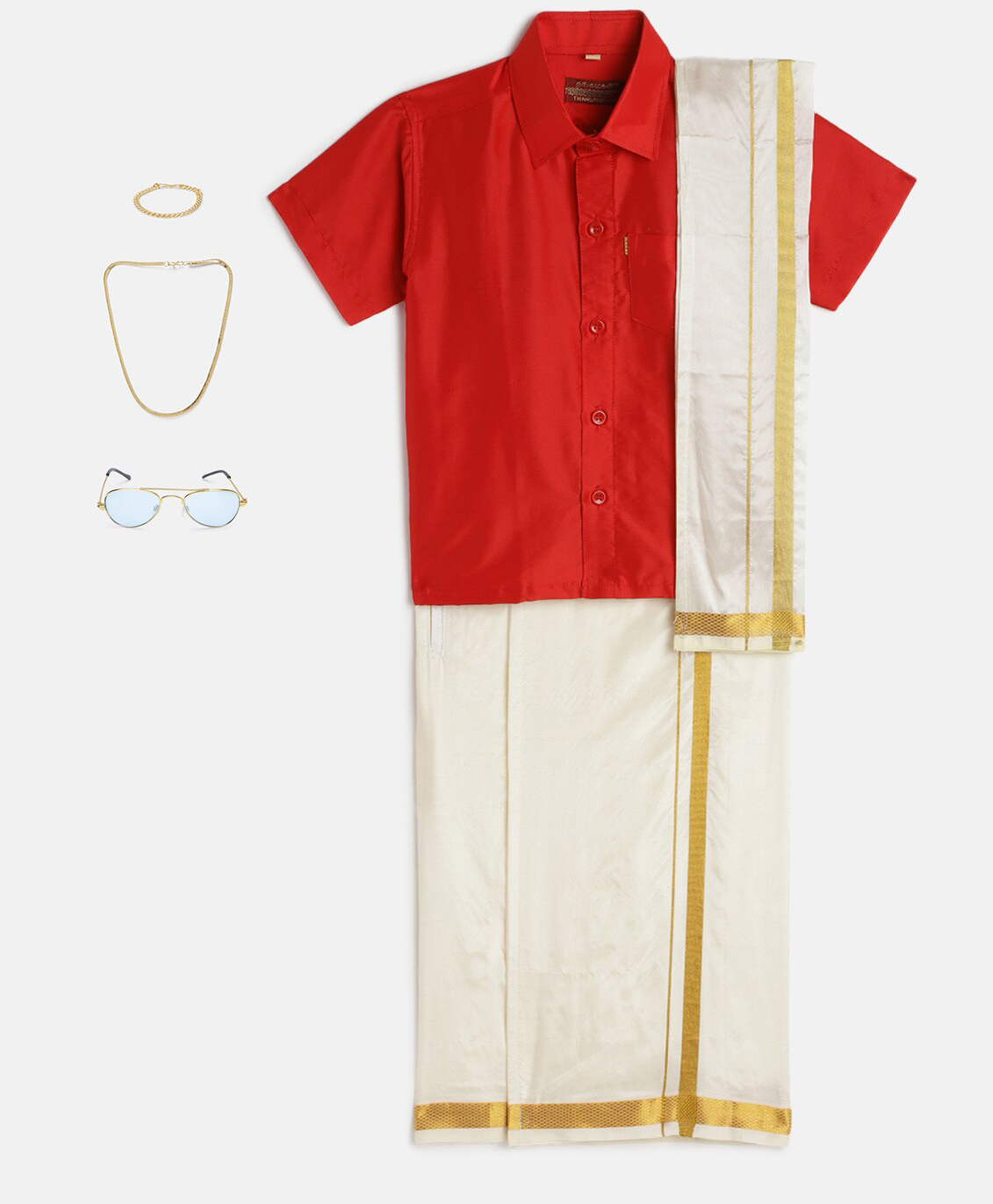 THANGAMAGAN Viscose Half Sleeve Shirt With Mundu & Angavastram With Freebies Set - Red-picture-6