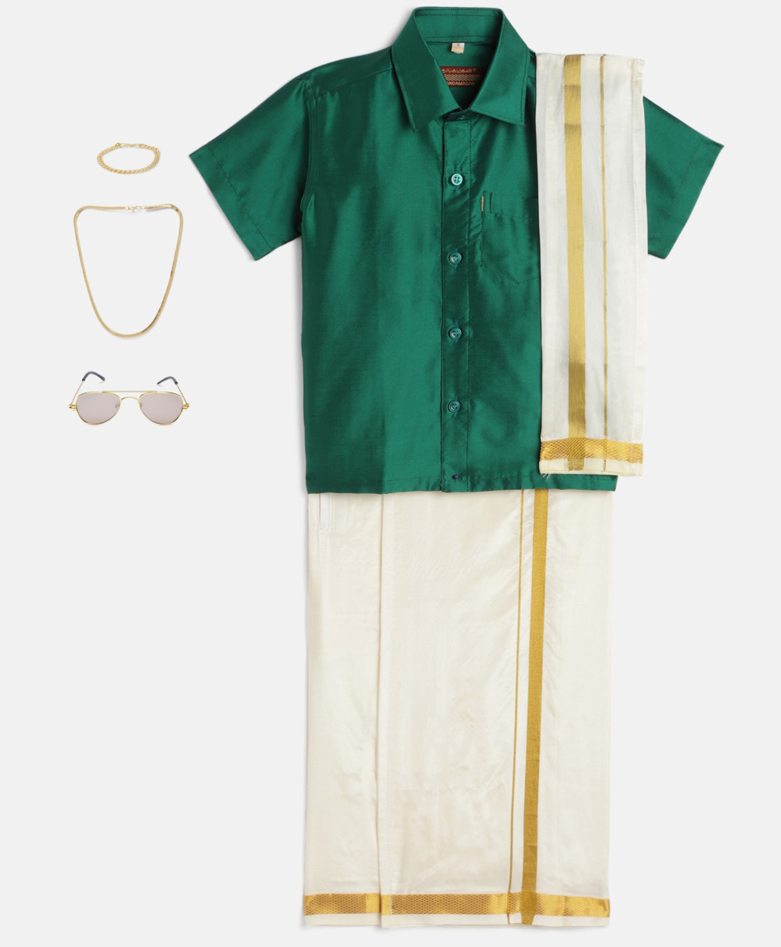 THANGAMAGAN Viscose Half Sleeves Solid Shirt With Mundu & Angavastram With Freebies Set - Green-picture-0