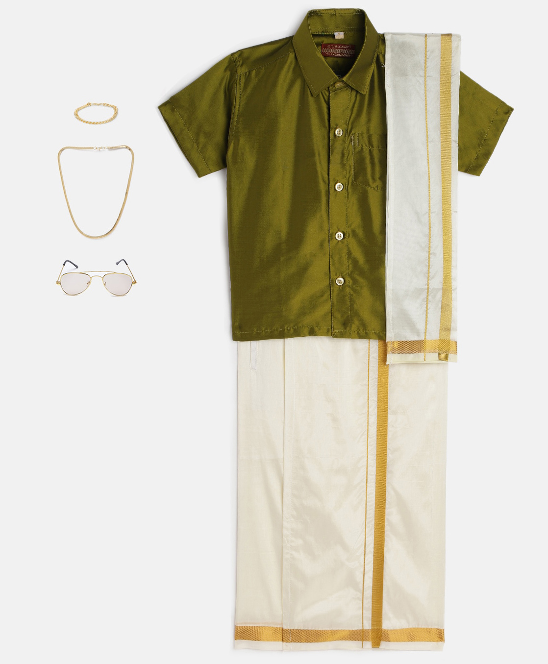 THANGAMAGAN Viscose Half Sleeves Solid Shirt With Mundu & Angavastram With Freebies Set - Olive-picture-13