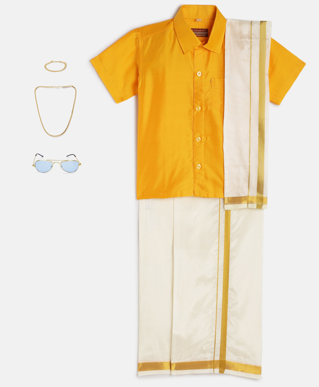 THANGAMAGAN Viscose Half Sleeves Solid Shirt With Mundu & Angavastram With Freebies Set - Yellow-image-40