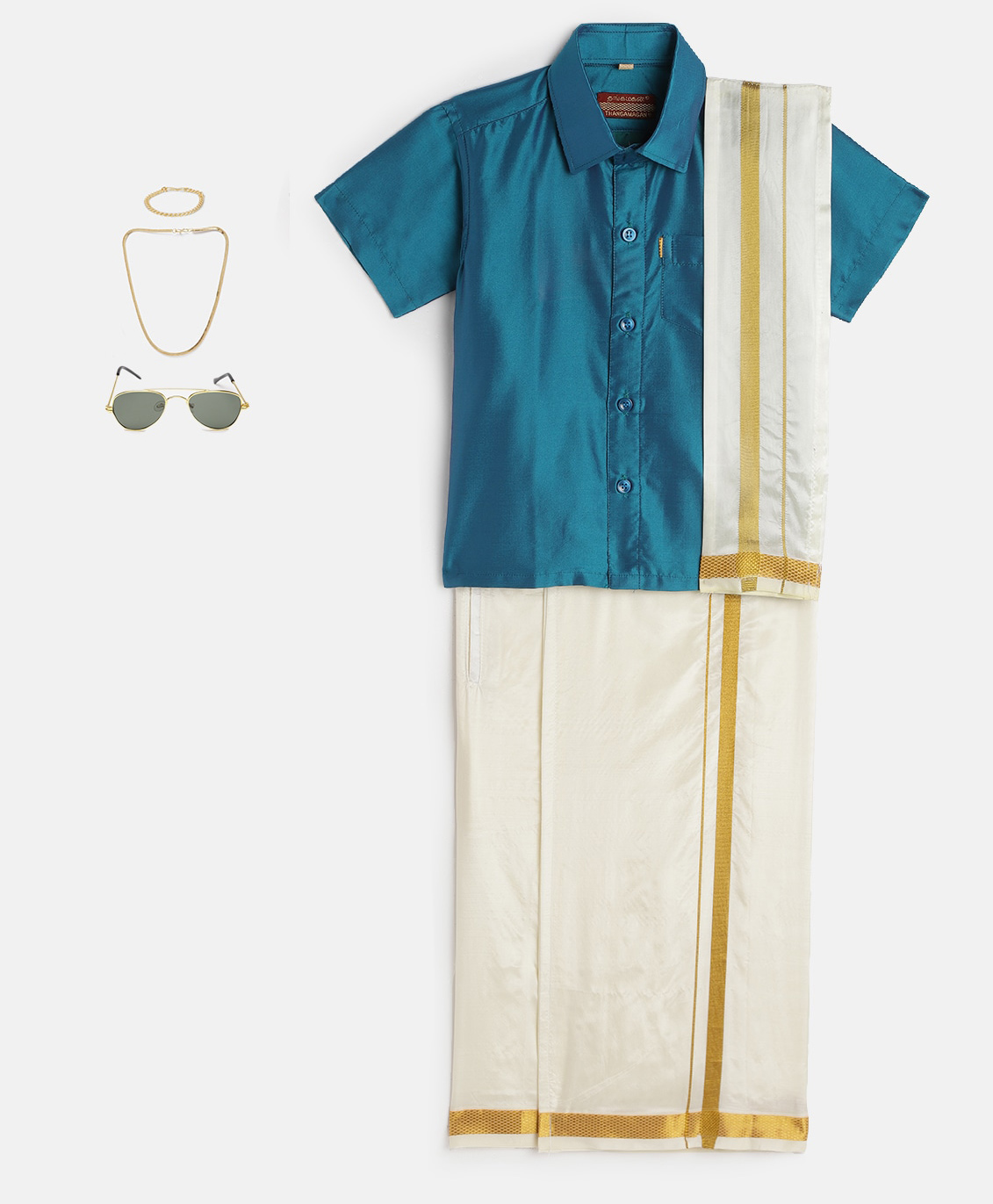 THANGAMAGAN Viscose Half Sleeves Solid Shirt With Mundu & Angavastram With Freebies Set - Purple-picture-3