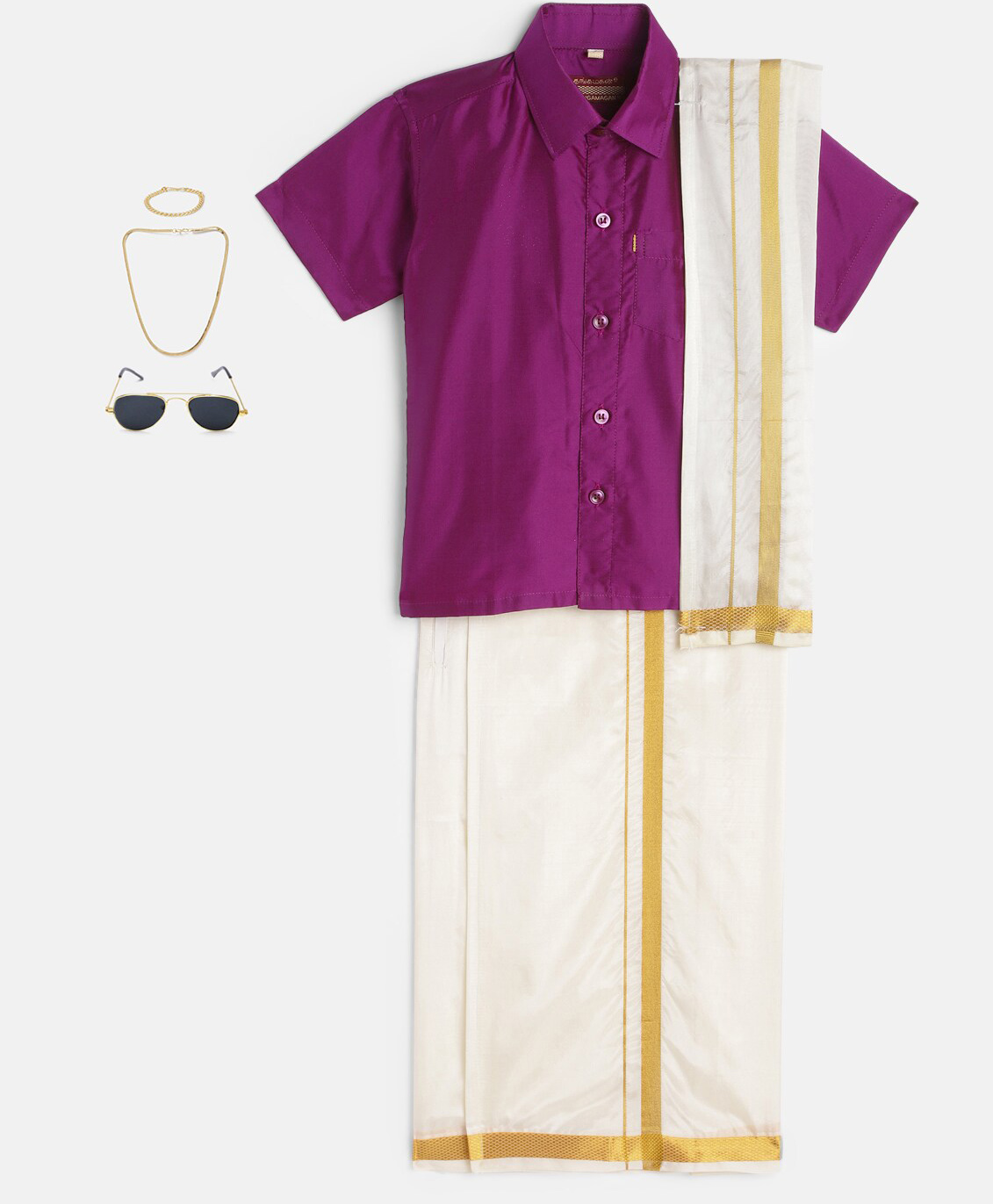 THANGAMAGAN Viscose Half Sleeves Solid Shirt With Mundu & Angavastram With Freebies Set - Magenta-picture-10