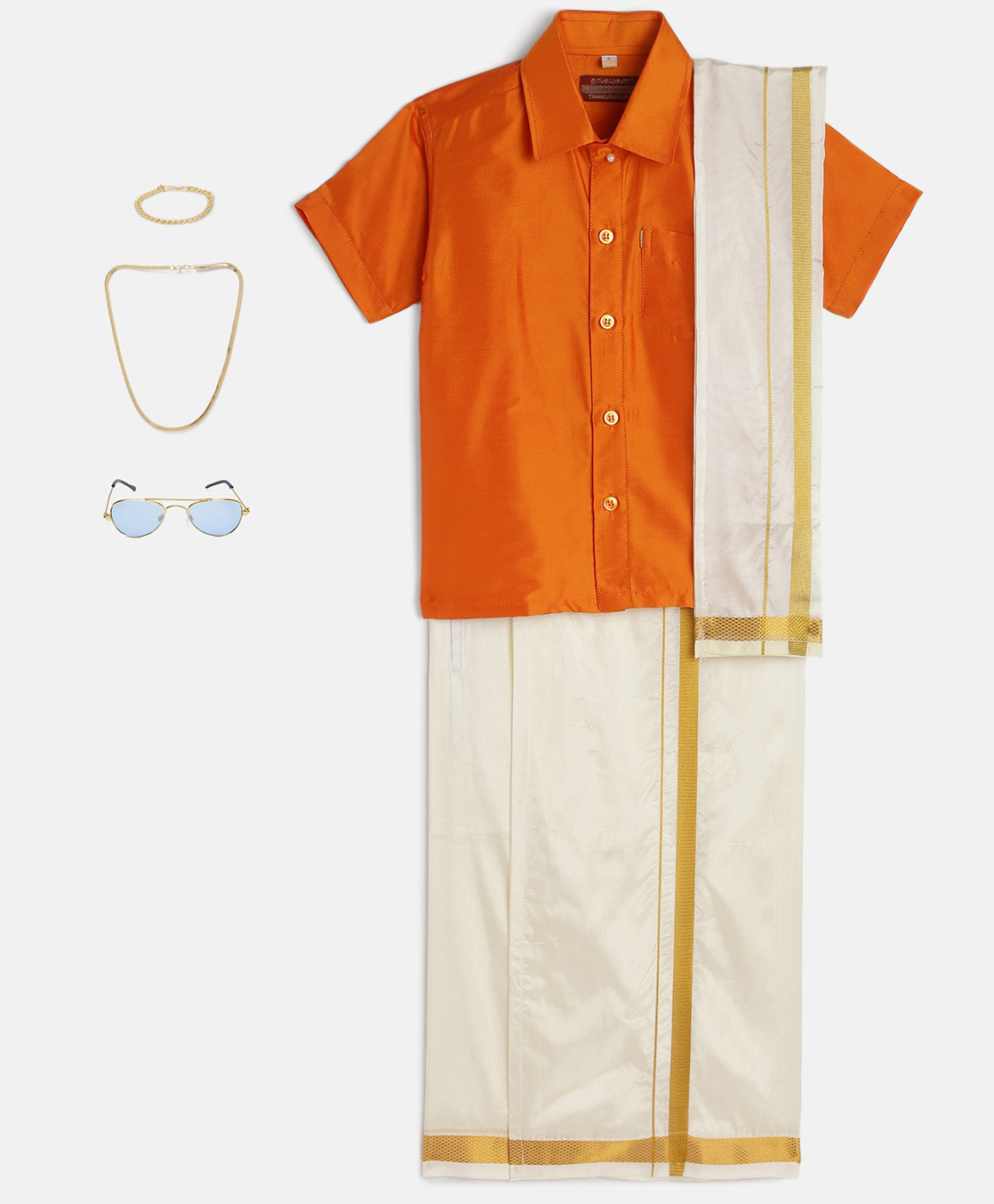 THANGAMAGAN Viscose Half Sleeves Solid Shirt With Mundu & Angavastram With Freebies Set - Orange-picture-32