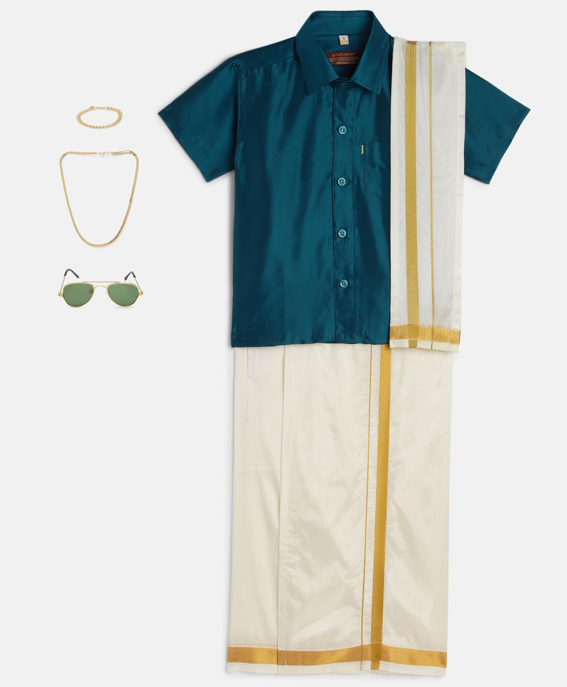 THANGAMAGAN Viscose Half Sleeves Solid  Shirt With Mundu & Angavastram With Freebies Set - Teal-picture-4