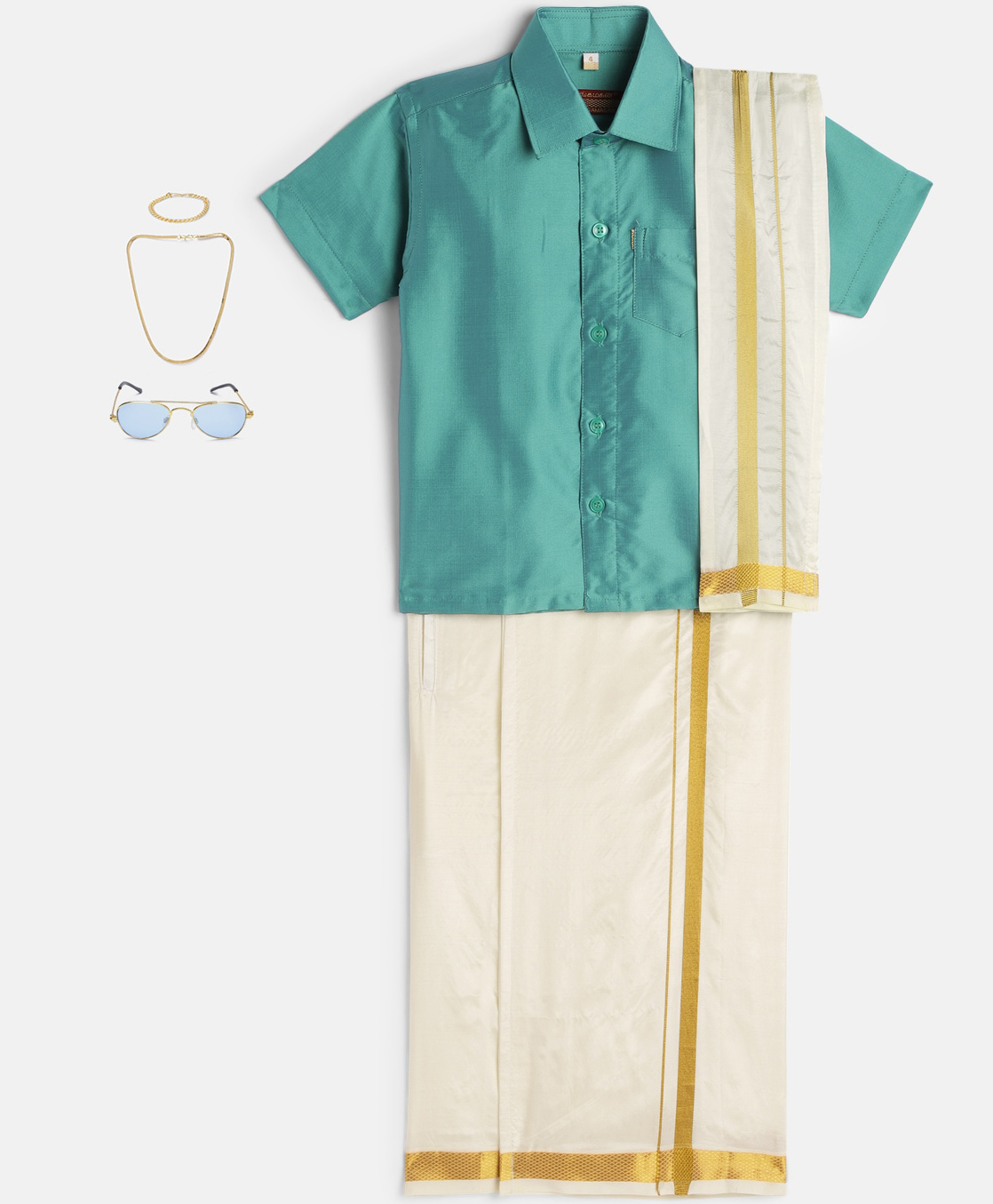 THANGAMAGAN Viscose Half Sleeves Solid Shirt With Mundu & Angavastram With Freebies Set - Light Sky Blue-image-45