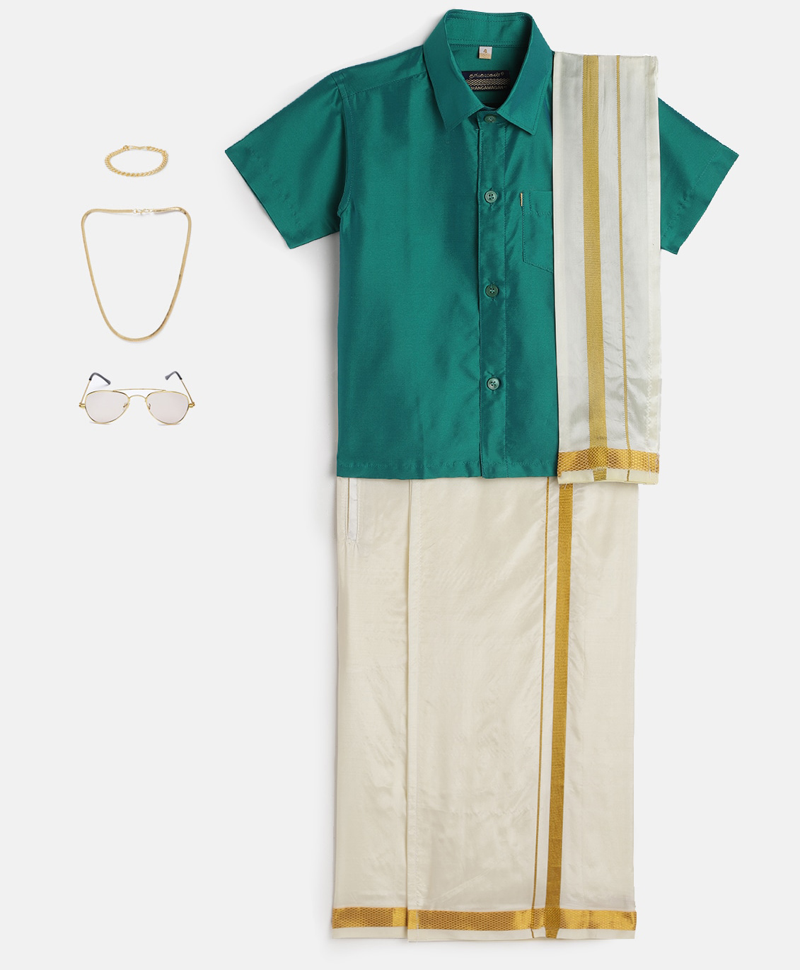 THANGAMAGAN Viscose Half Sleeves Solid Shirt With Mundu & Angavastram With Freebies Set - Jamun Green-image-47