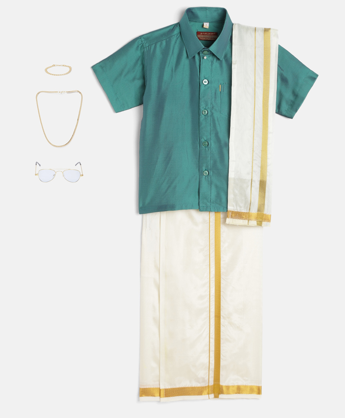 THANGAMAGAN Viscose Half Sleeves  Solid Shirt With Mundu & Angavastram With Freebies Set - Sea Green-picture-2