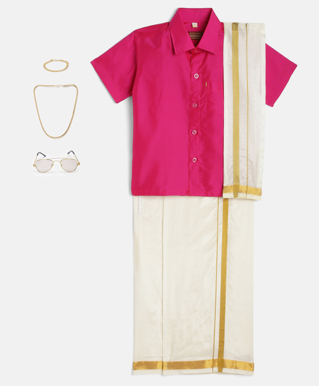 THANGAMAGAN Viscose Half Sleeves Solid Shirt With Mundu & Angavastram With Freebies Set - Rose-image-6