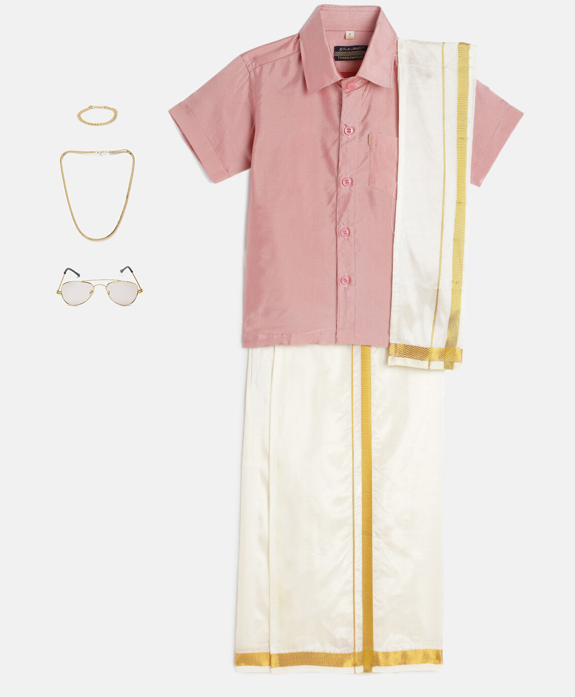 THANGAMAGAN Viscose Half Sleeves Solid Shirt With Mundu & Angavastram With Freebies Set - Light Pink-picture-12