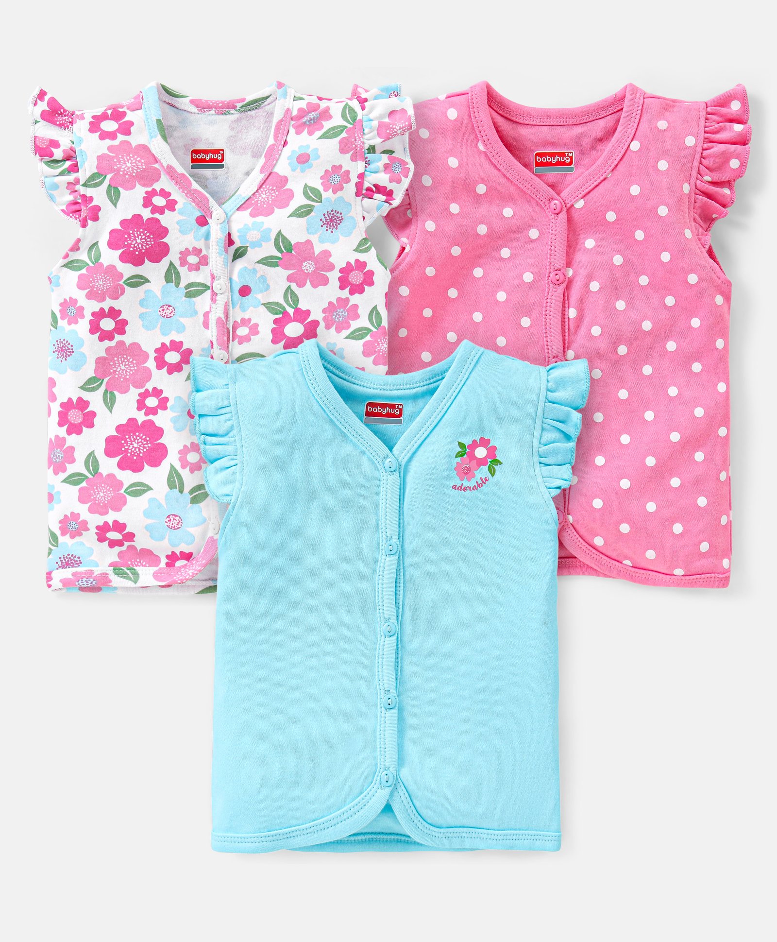 Babyhug 100% Cotton Knit Frill Sleeves Polka Dots & Floral Printed Antibacterial Front Open Vests Pack of 3 - Multicolour-image-49