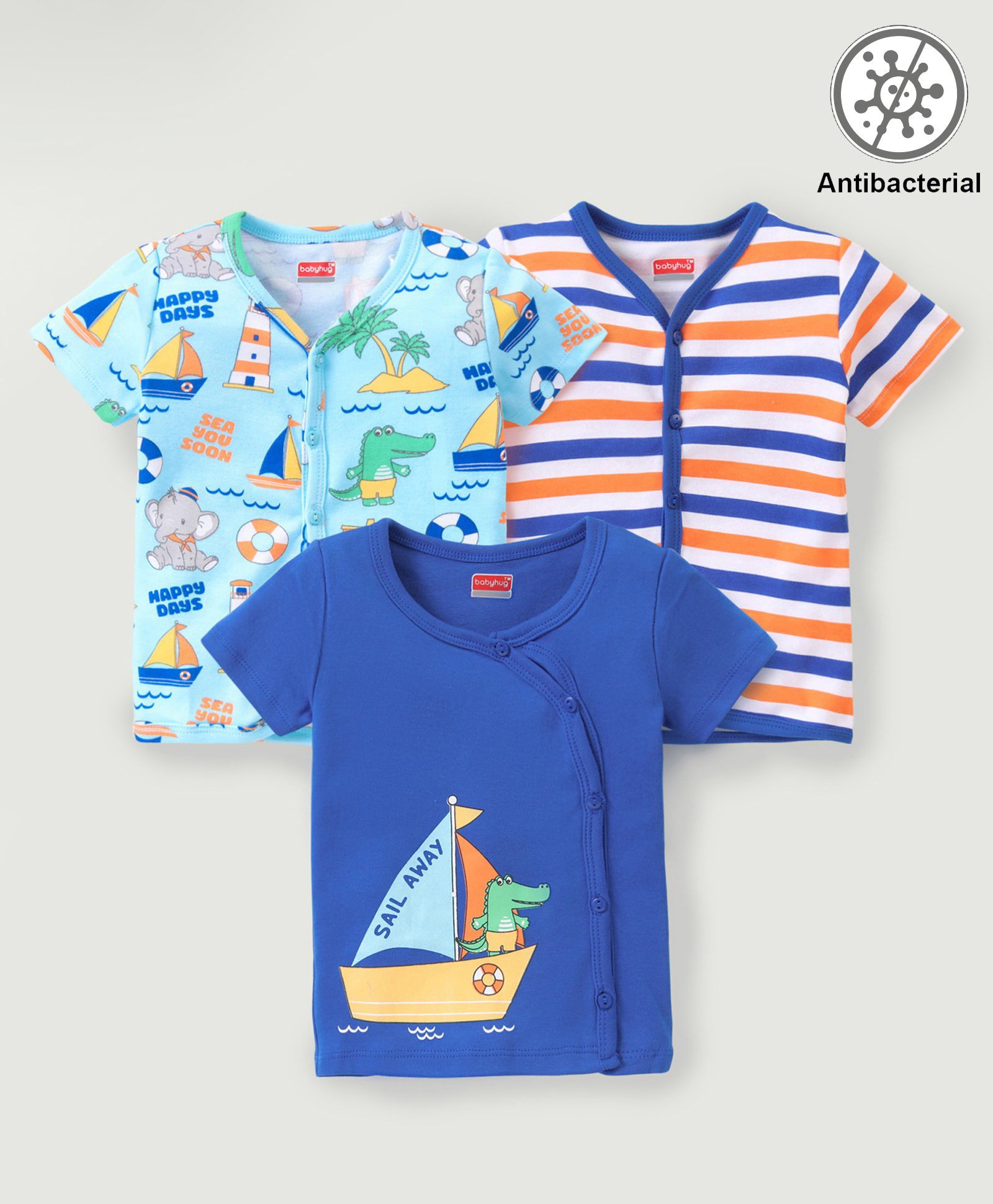 Babyhug 100% Cotton Knit  Antibacterial Front Open Set of  Vests Striped & Teddy Print  Pack of 3 - Multicolour-image-4