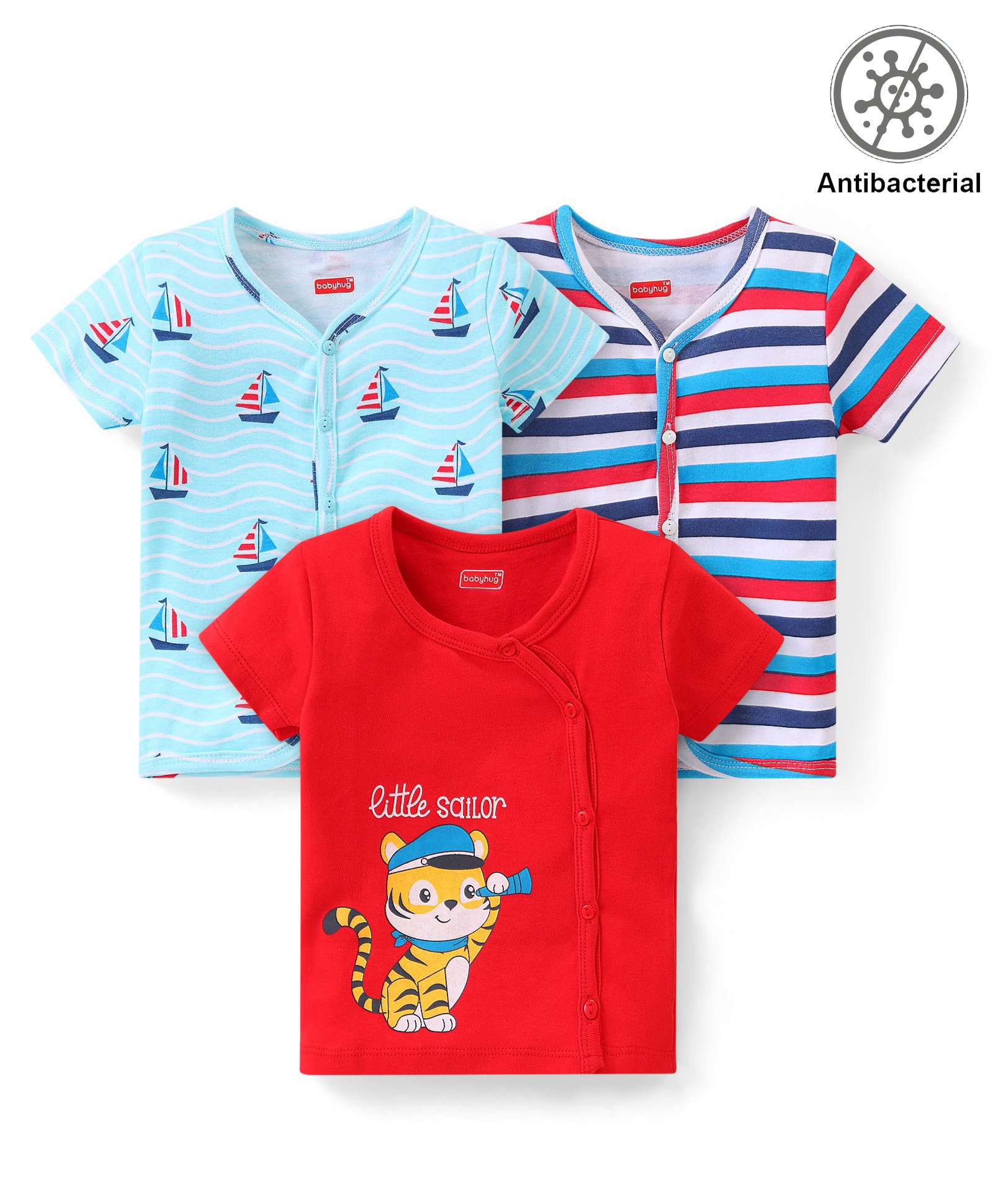 Babyhug 100% Cotton Antibacterial Sleeveless Front Open Vest Stripes & Bear Pack of 3 - Blue & Red-image-35