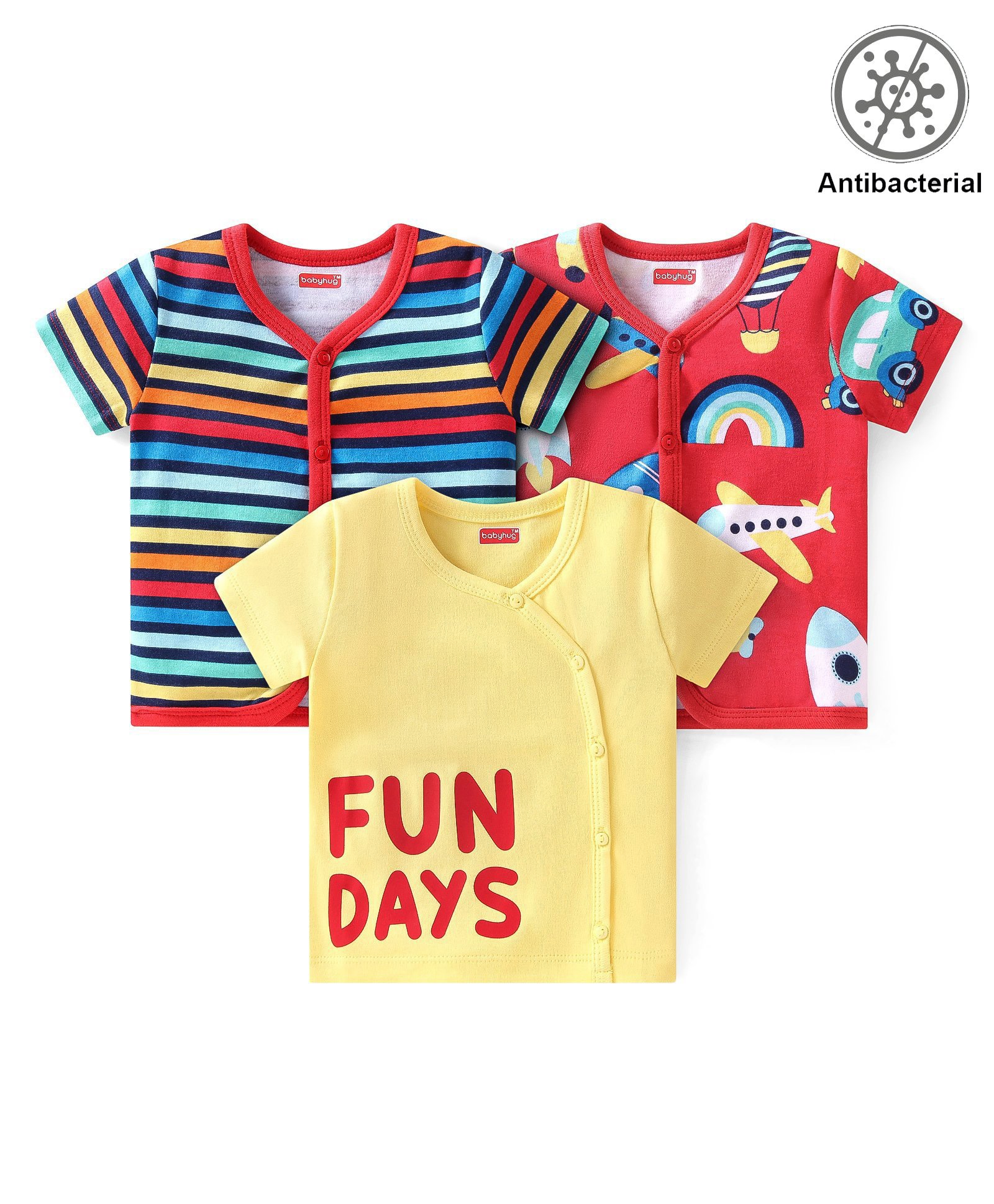 Babyhug 100% Cotton Antibacterial Half Sleeves Front Open Vest Stripes & Aeroplane Dot Pack of 3 - Yellow Red & Blue-image-48