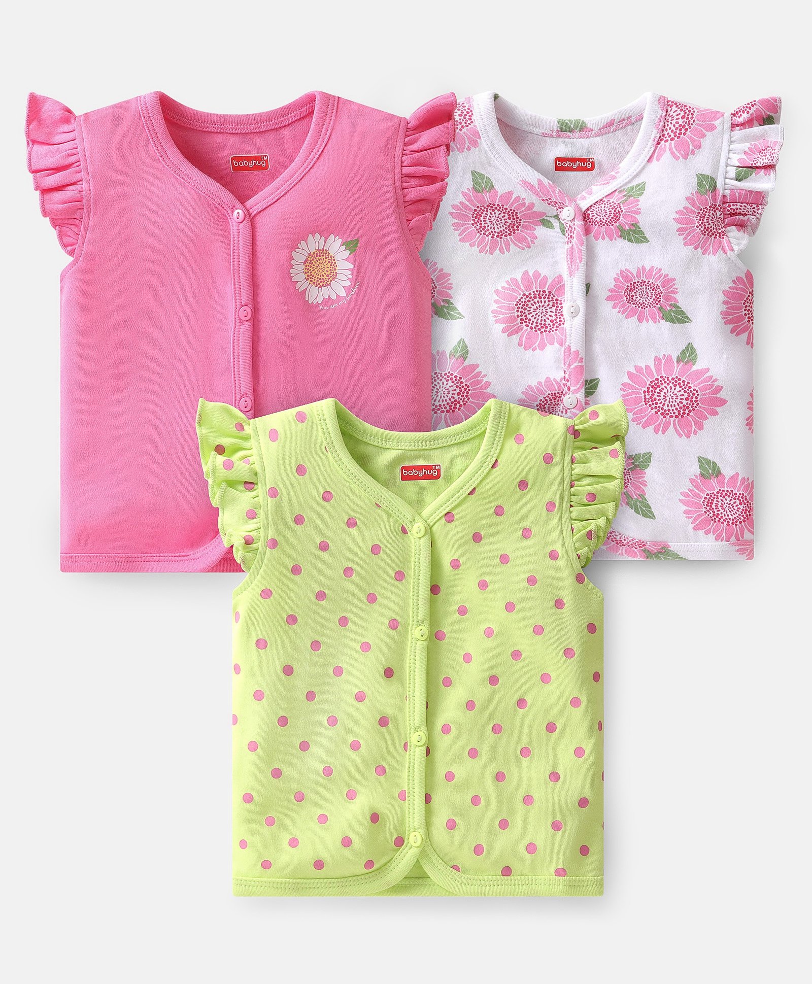 Babyhug 100% Cotton Knit Frill Sleeves Polka Dots & Floral Printed Antibacterial Front Open Vests Pack of 3 - Pink & Green-picture-25