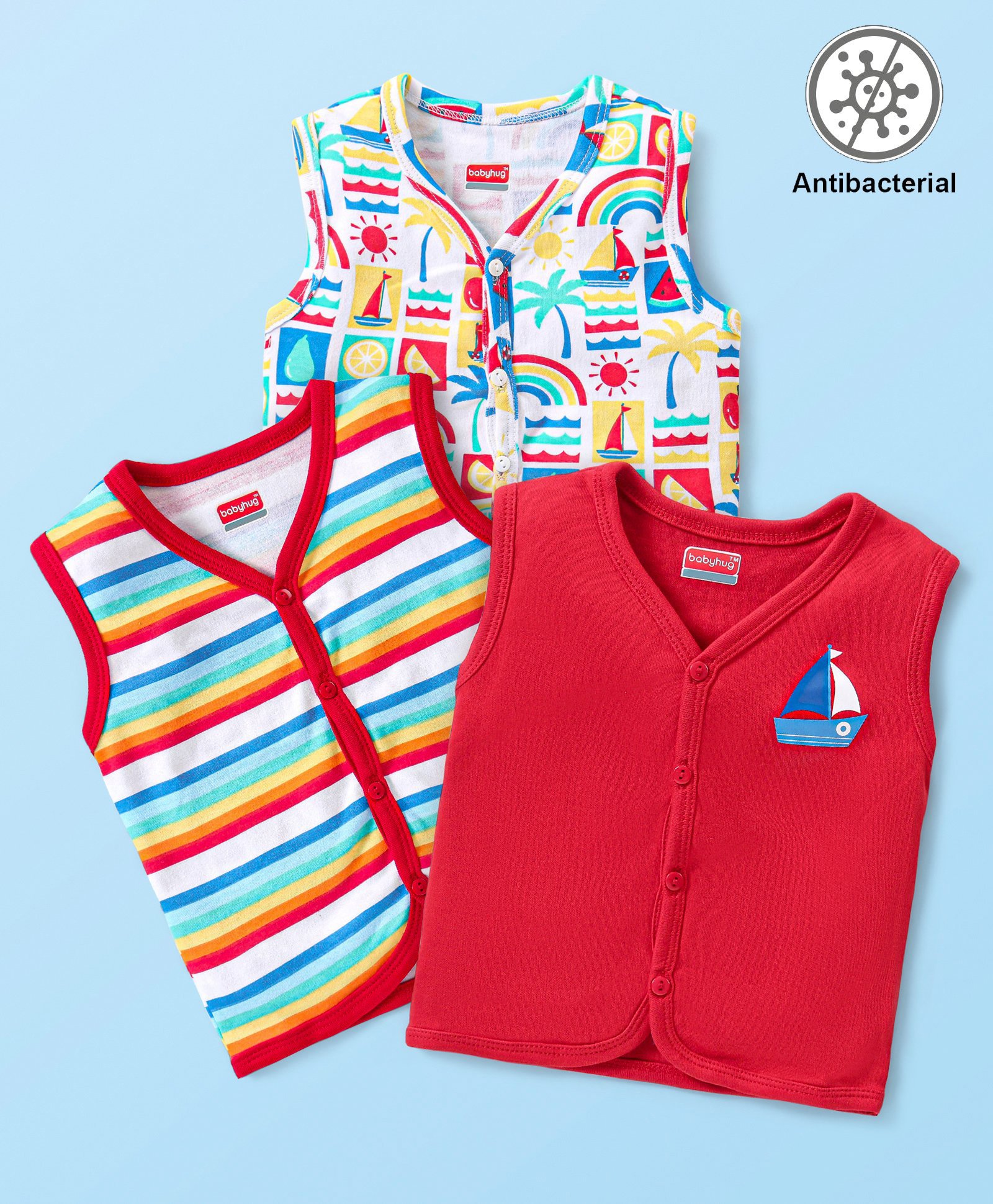 Babyhug 100% Cotton Knit Sleeveless Striped & Nautical Printed Anti Bacterial Front Open Vests Pack of 3 - Multicolour-image-2