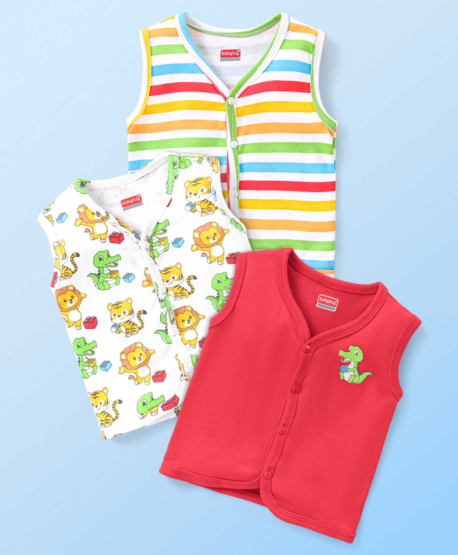 Babyhug 100% Cotton Knit Half Sleeves Striped & Lion Printed Antibacterial Front Open Vests Pack of 3 - Multicolour-image-48