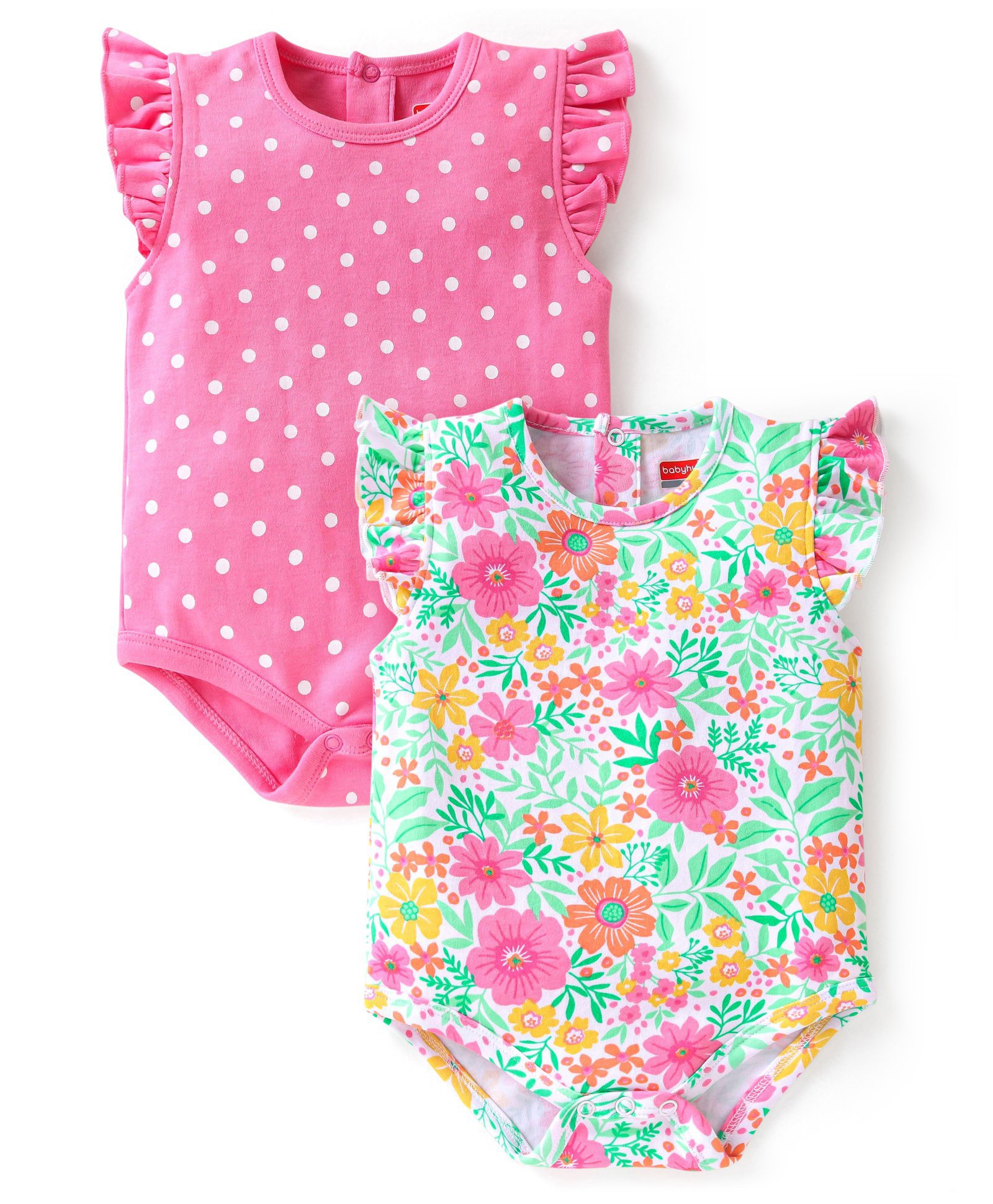 babyhug 100% cotton knit half sleeves onesies floral print pack of 2 - multicolour