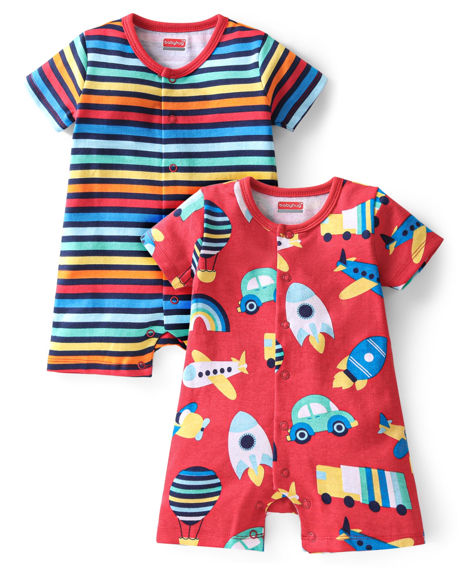 Babyhug 100% Cotton Knit Frill Sleeves Striped & Vehicle Printed Rompers Pack of 2 -  Multicolour-picture-20