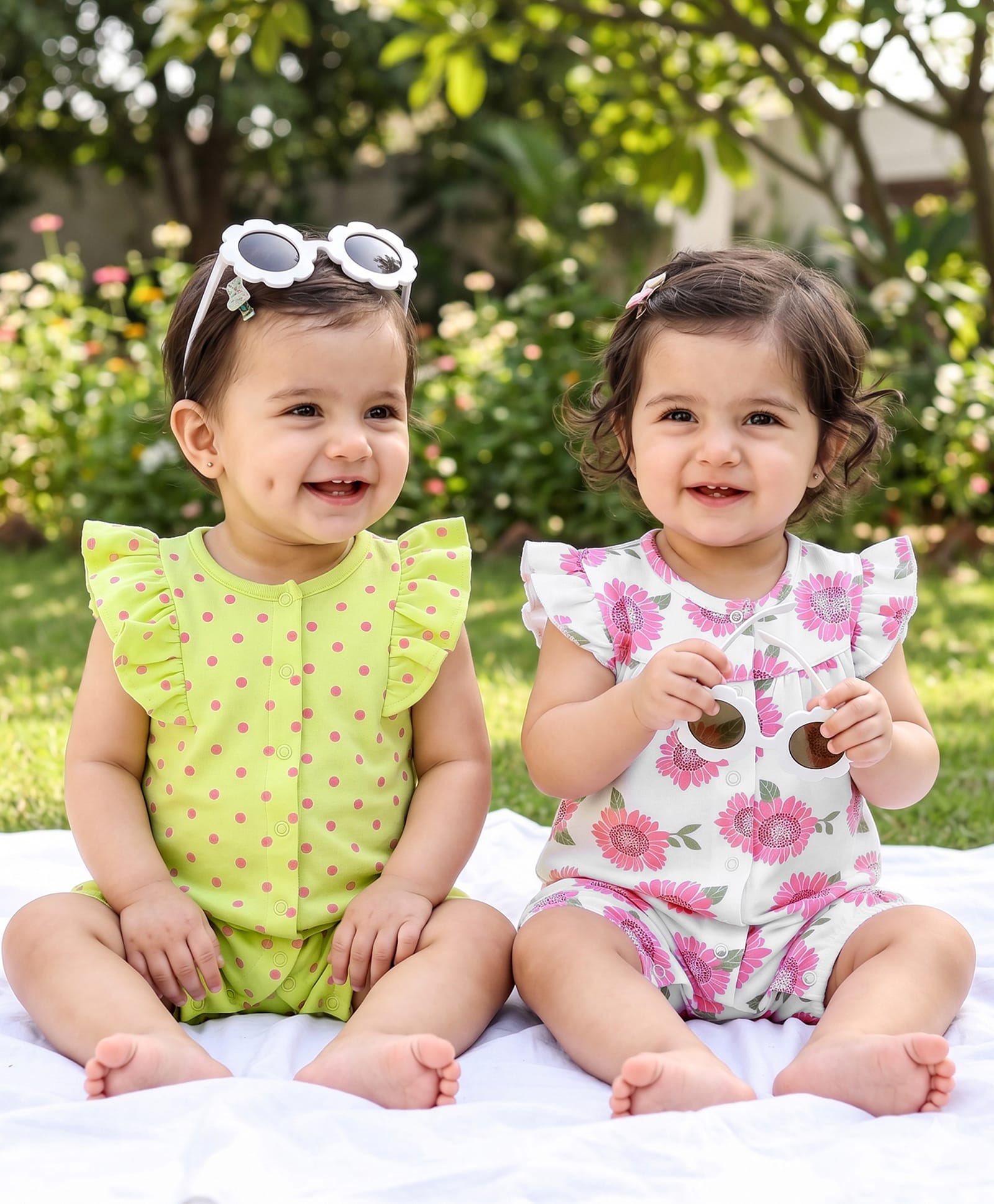 Babyhug 100% Cotton Knit Half Sleeves Rompers Polka Dot and Floral Print Pack of 2 - White & Green-image-42