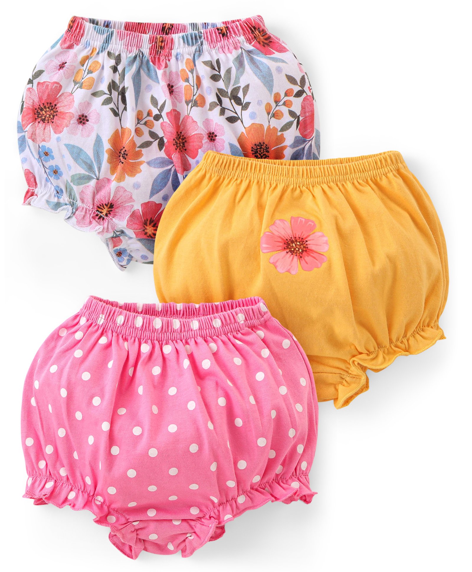Babyhug 100% Cotton Knit Floral & Polka Dots Printed Antibacterial Bloomers Pack of 3 - Multicolour-picture-26