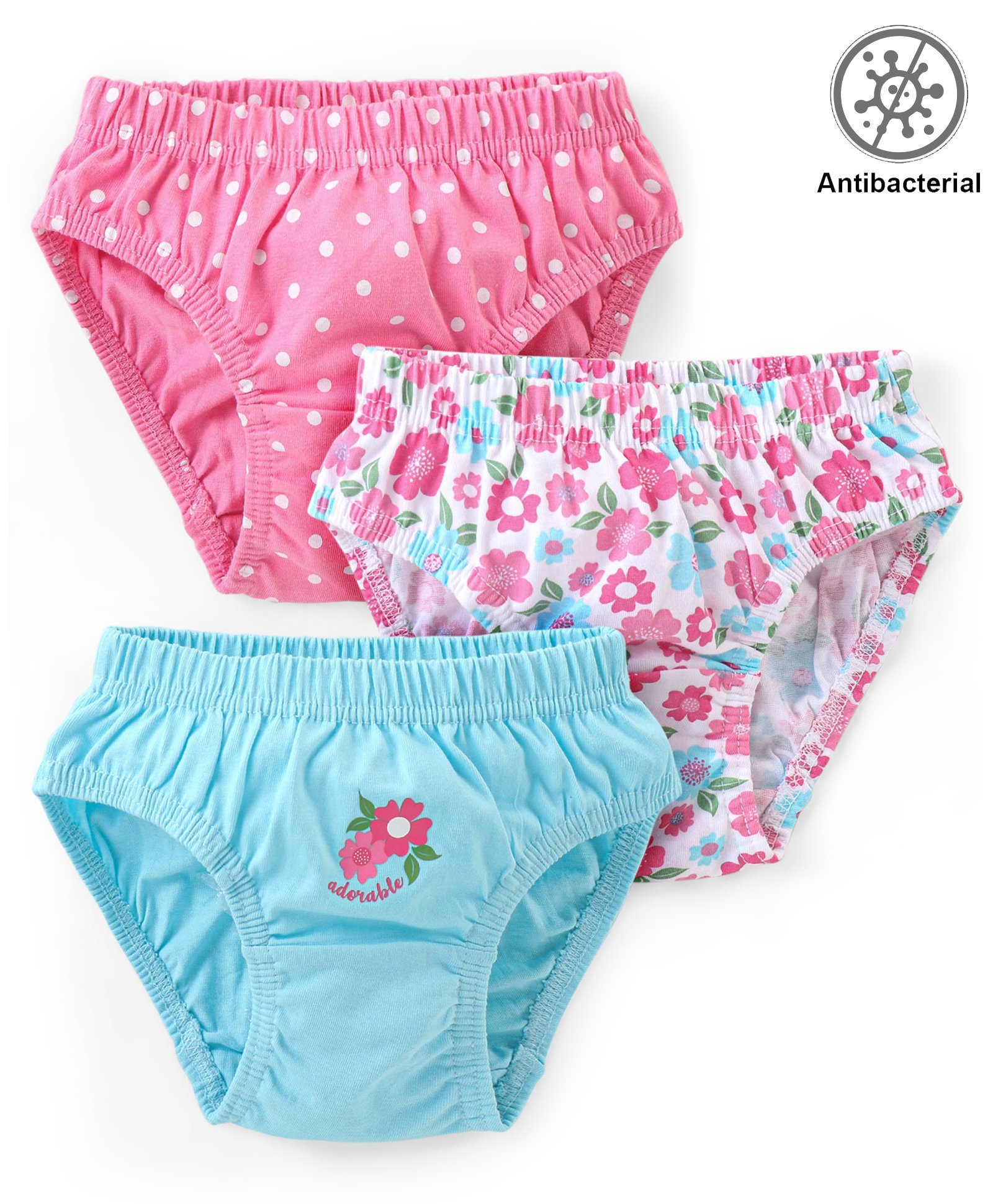 Babyhug 100% Cotton Knit Antibacterial Panties with Polka Dots & Floral Print Pack Of 3 - Pink White & Blue-image-10
