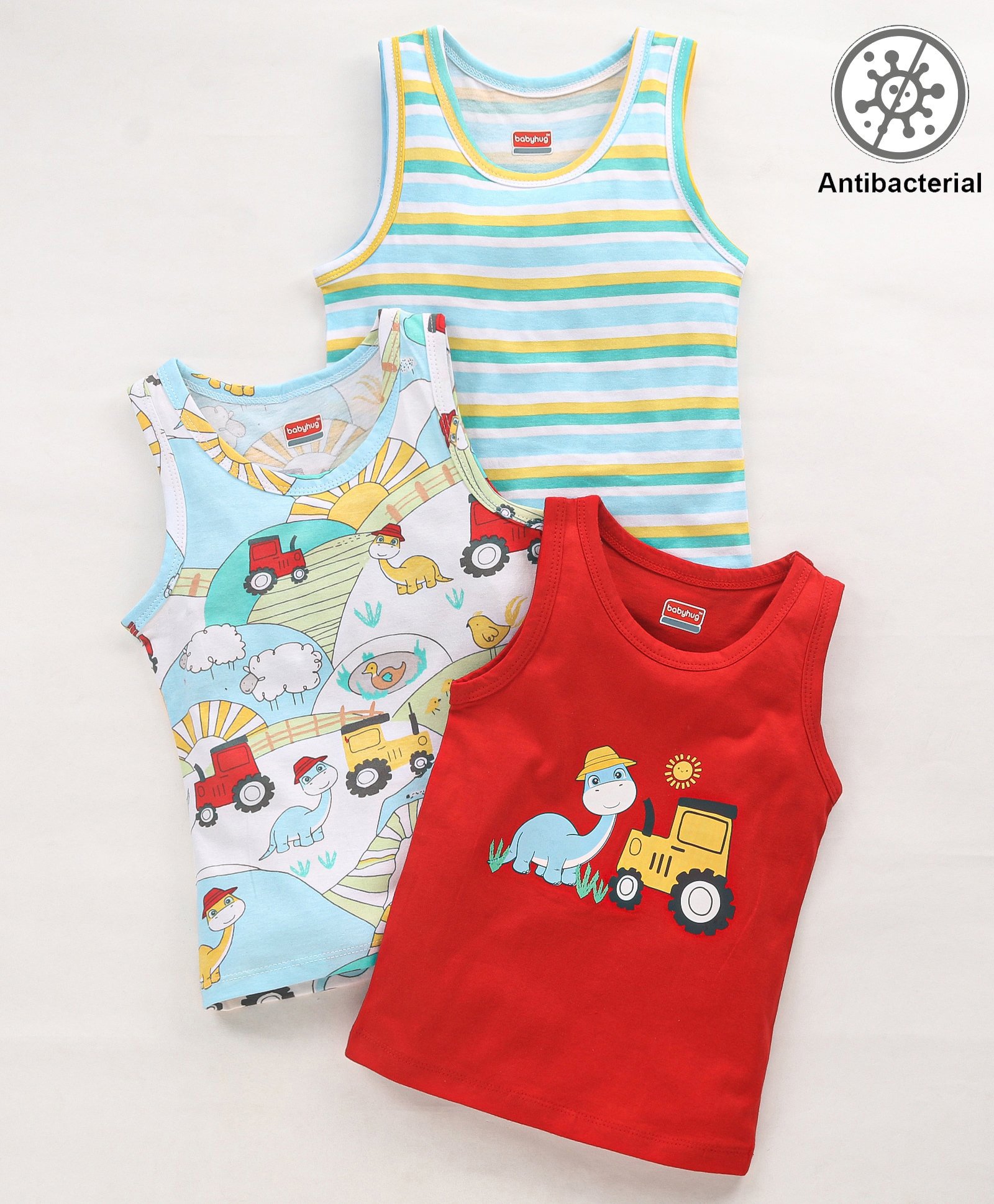 Babyhug 100% Cotton Knit Sleeveless Set of Vests With Anti Bacterial Finish Dino Print Pack of 3 - Multicolour-image-20
