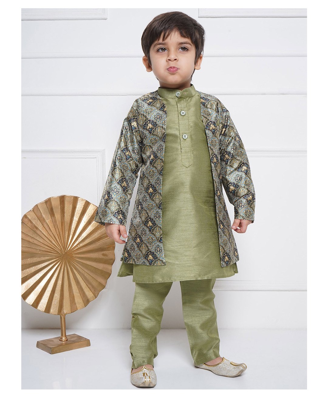 AJ Dezines Raw Silk Full Sleeves Motif Printed Sherwani Set - Pista Green-picture-7