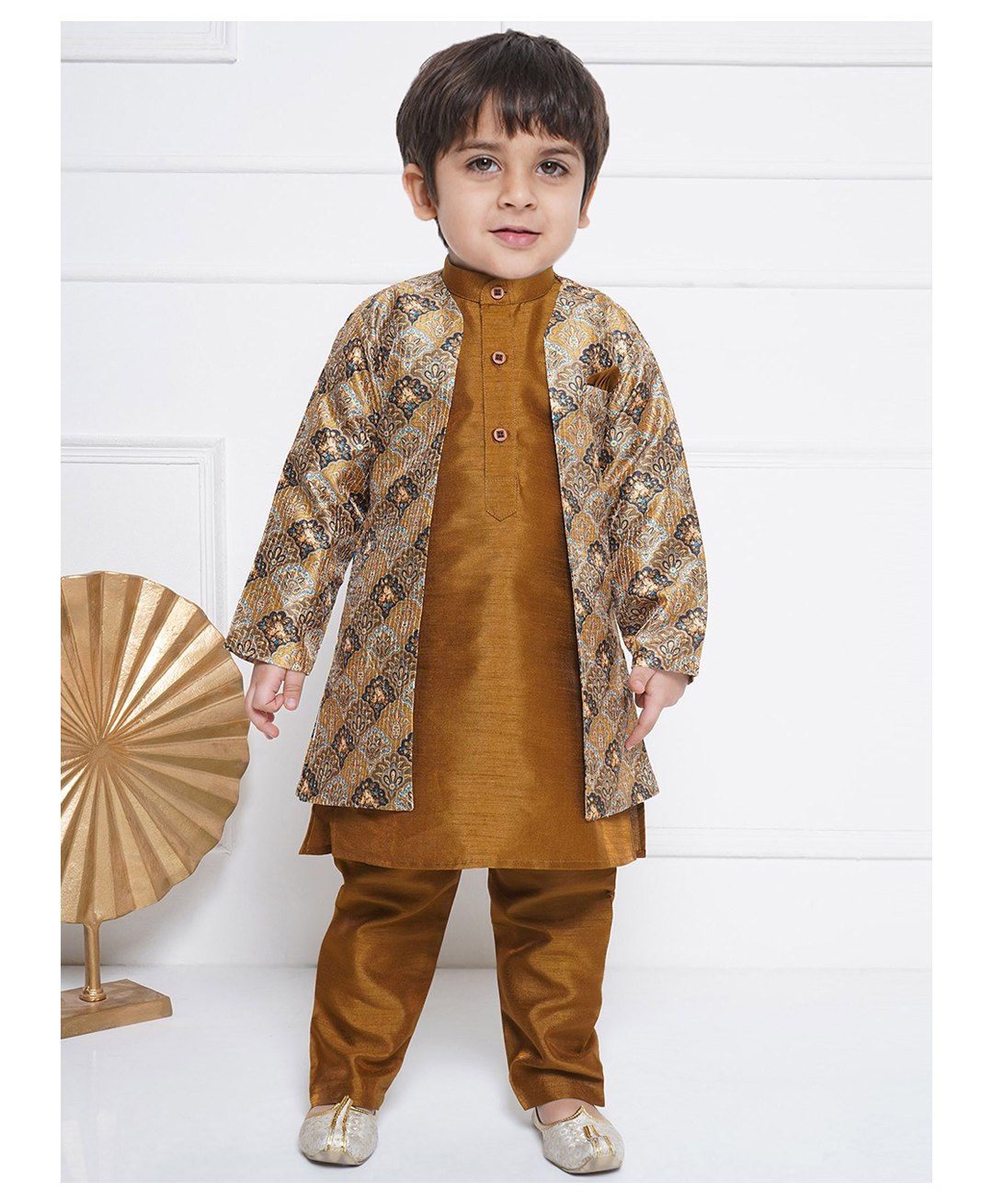 AJ Dezines Raw Silk Full Sleeves Motif Printed Sherwani Set - Brown-picture-42