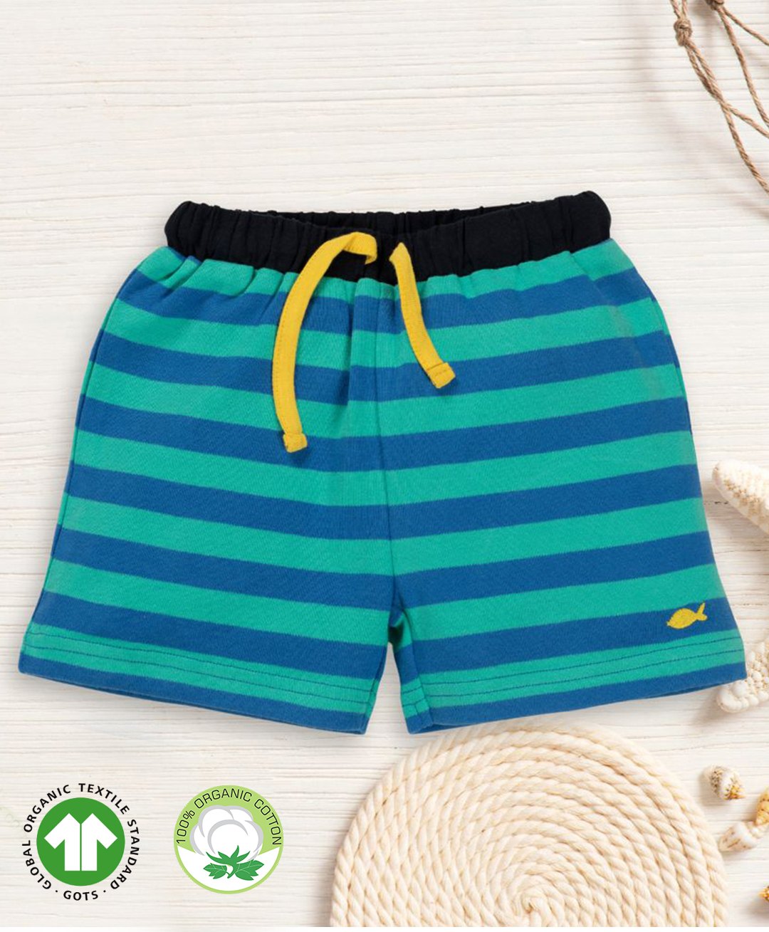 Pranava 100% Organic Cotton Striped & Fish Embroidered Shorts - Aqua Blue-image-29