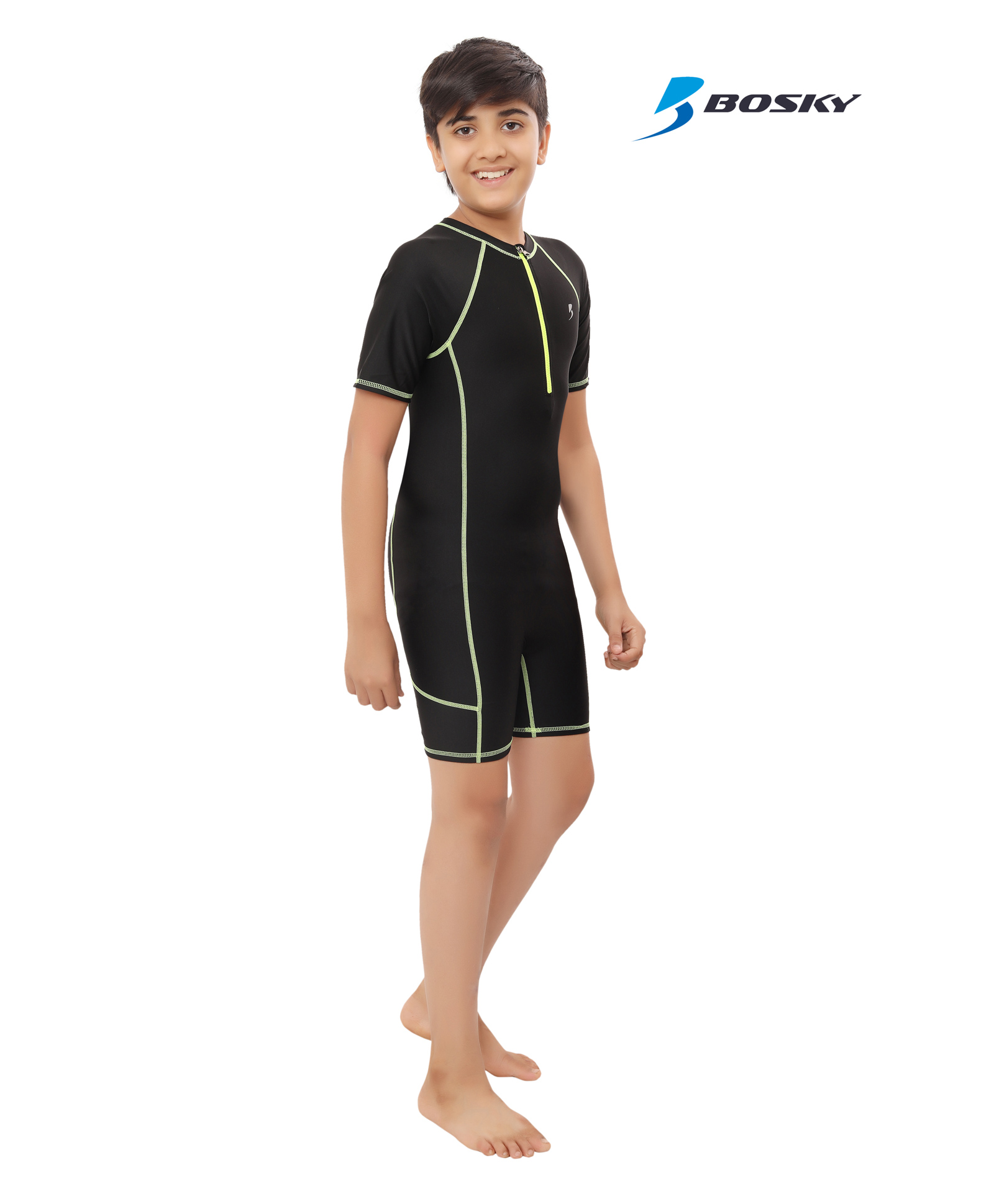 Bosky Swimwear Half Sleeves Bodysuit with Line Print - Black-picture-14