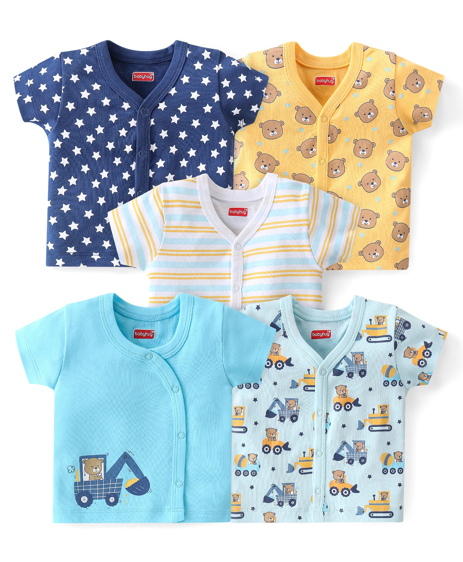 Babyhug 100% Cotton Knit Half Sleeves Front Open Vests Stripes & Bear Print Pack of 5 - White Yellow & Blue-picture-26