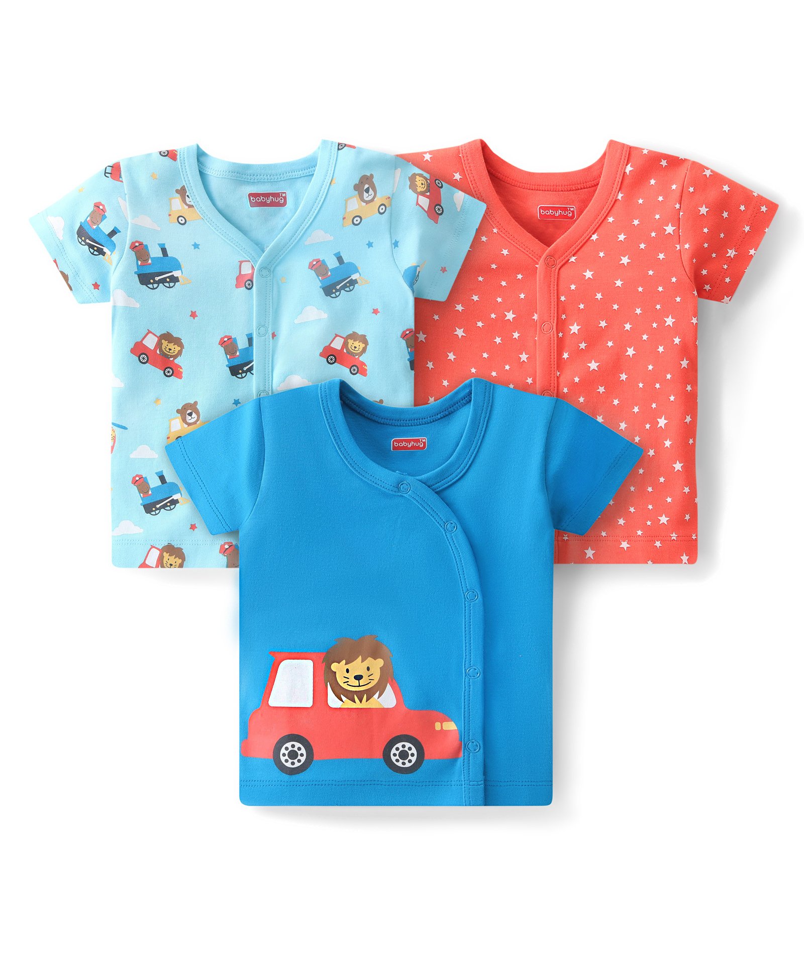Babyhug 100% Cotton Knit Half Sleeves  Front Open Set of Vests Lion Car & Star Print  Pack of 3 - Multicolour-image-8