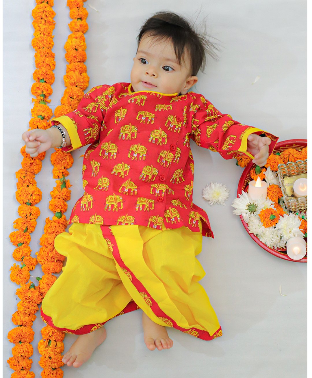 BownBee Pure Cotton Full Sleeves Elephant Printed Kurta & Dhoti Set - Red-picture-33