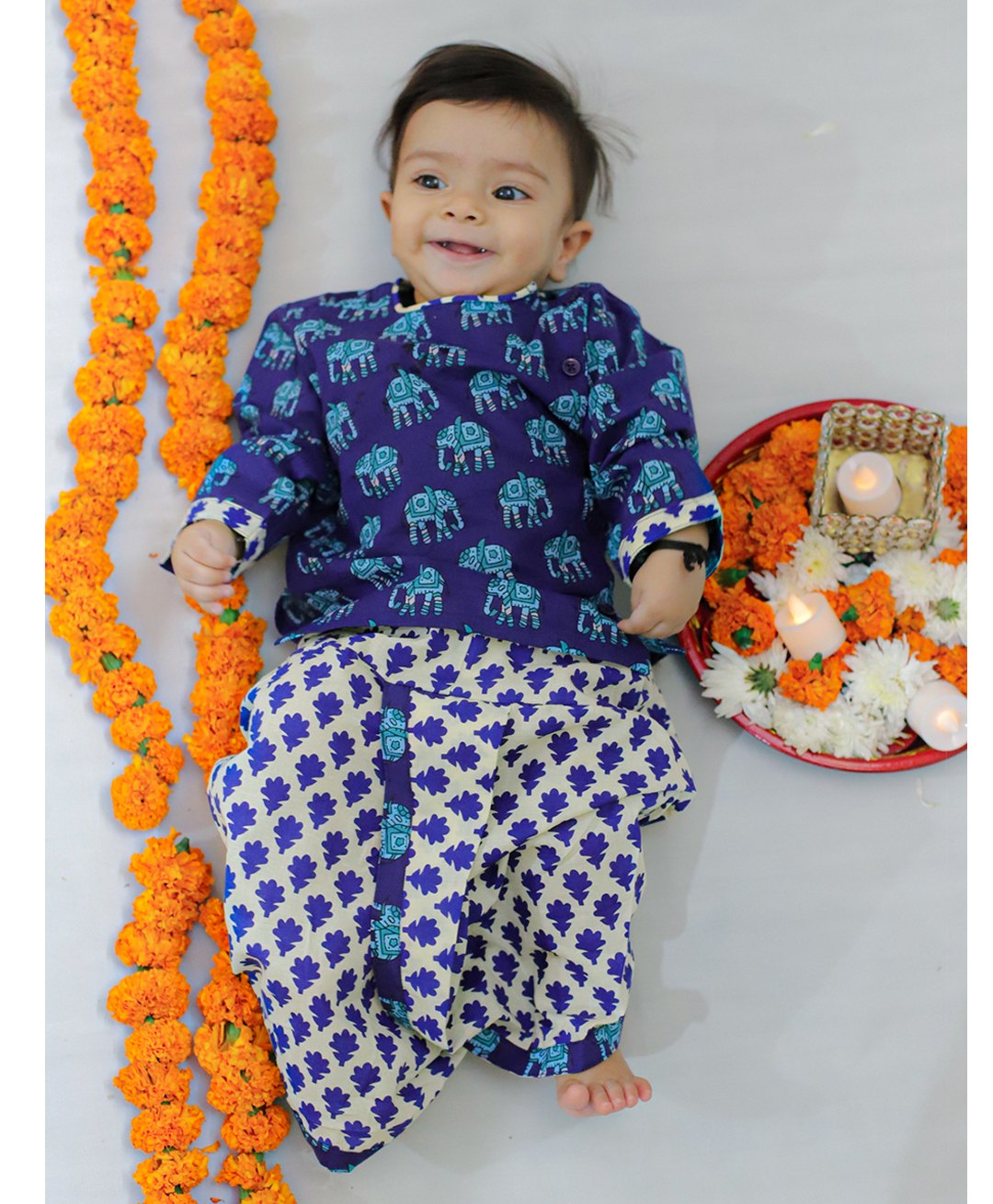 BownBee Pure Cotton Full Sleeves Elephant Printed Kurta & Dhoti Set - Blue-picture-38