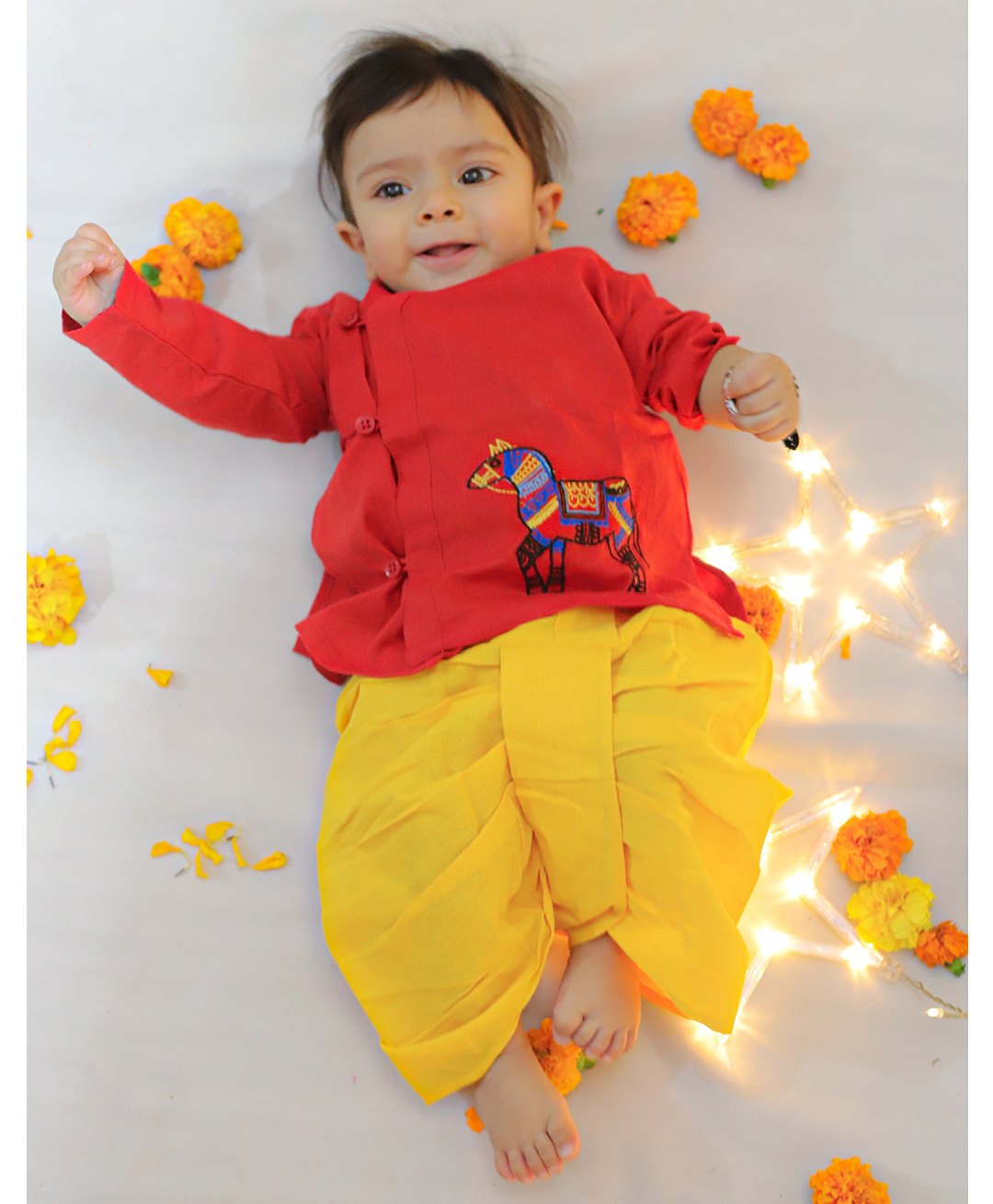 BownBee Pure Cotton Full Sleeves Animal Embroidered Kurta & Dhoti Set - Red-picture-33