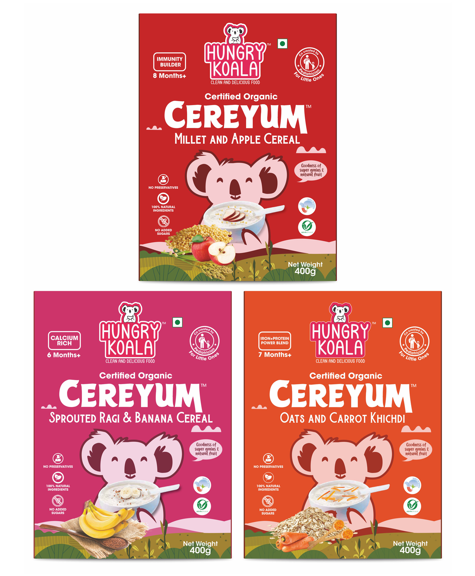HUNGRY KOALA Cereal Made With Natural Ingridients Millet Apple Ragi Banana Oats & Carrot For Kids To Grow Healthy No Preservative Or Additives Or Maida 400 g Pack Of 3-image-34