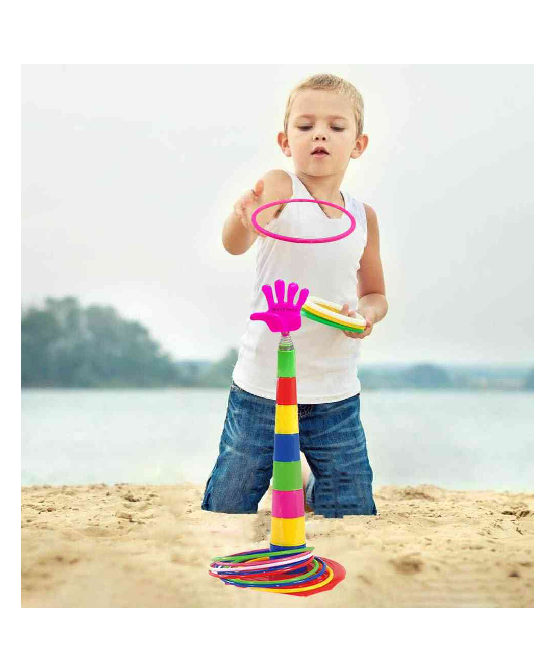 VGRASSP Ring Toss Game Toy For Kids - Mini Quoits Ring Throwing, Stacking Indoor And Outdoor Game Set - 8 Cups with Spring Hand Figure, 8 Multicolor Rings, 1 Base - Color As Per Stock-image-37