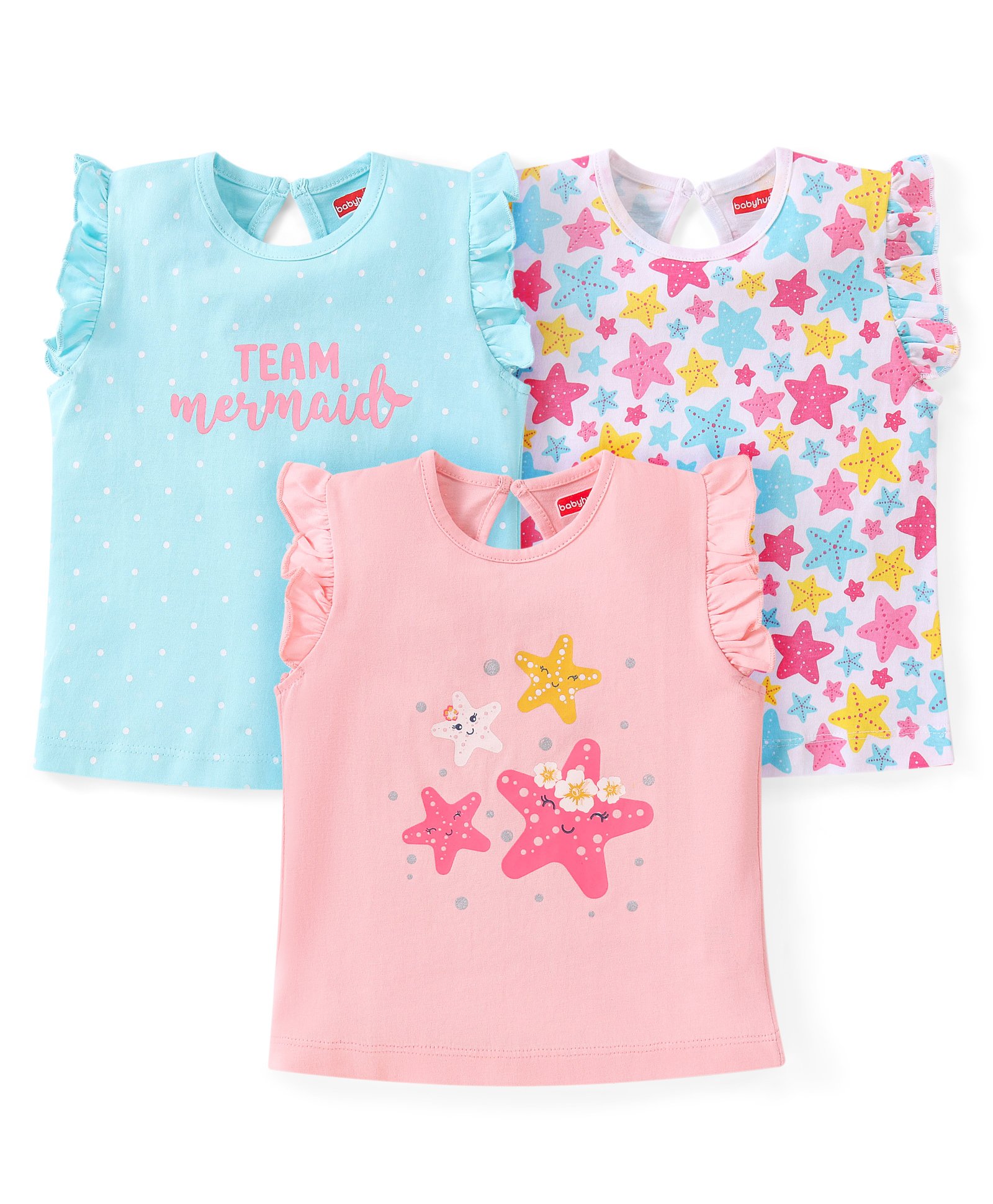 Babyhug Cotton Knit Frill Sleeves Top with Star & Text Print Pack of 3 - Multicolor-picture-11