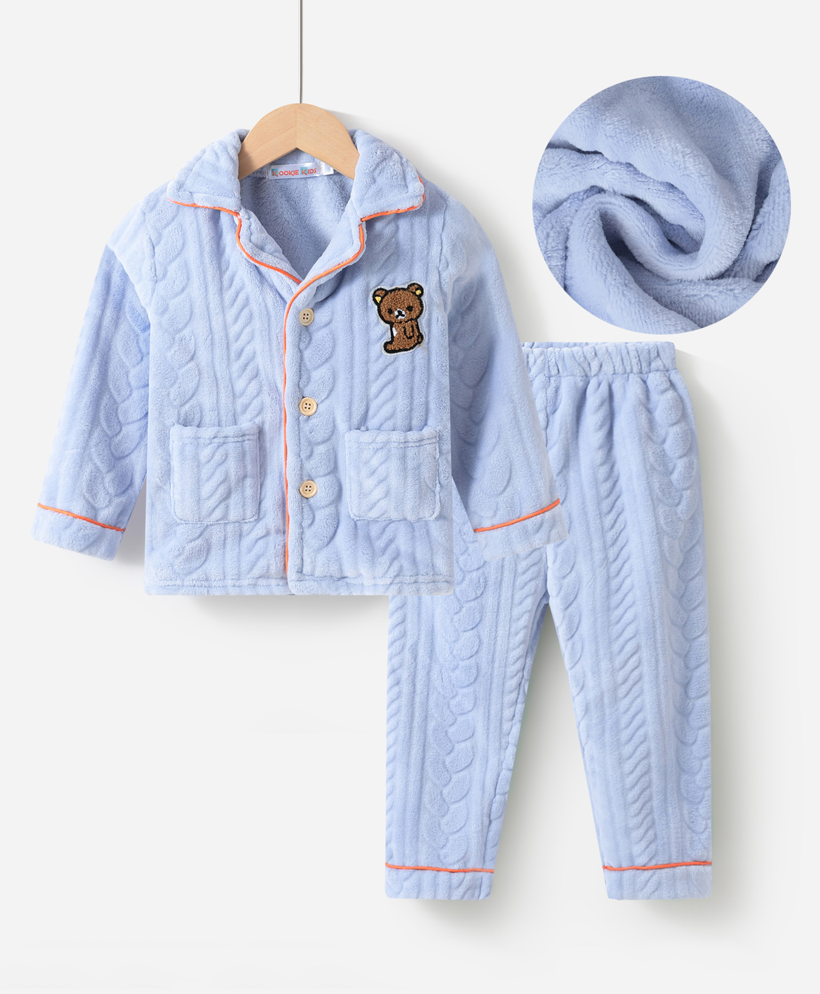 Kookie Kids Full Sleeves Soild Color Winter Night Suit with Pockets & Bear Patch  - Blue-image-28