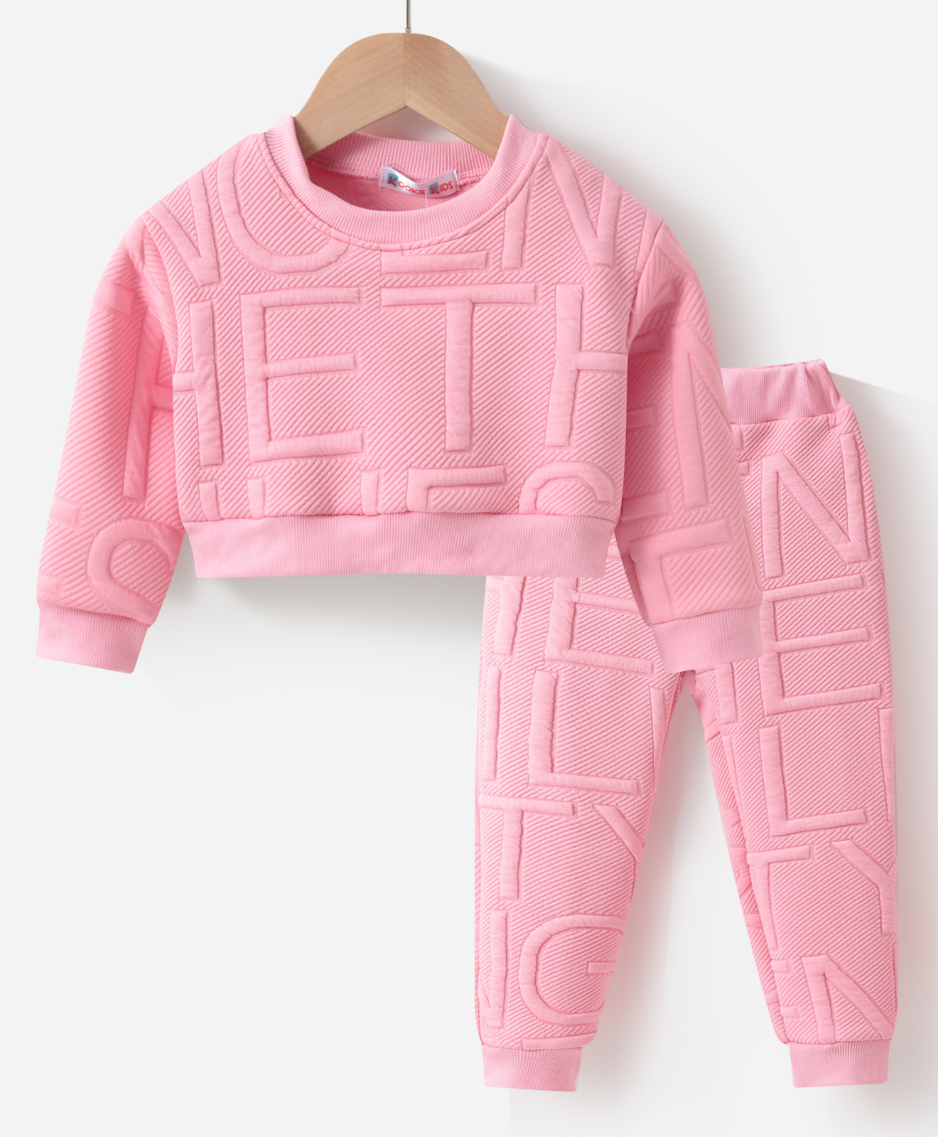 Kookie Kids Cotton Full Sleeves Winter Wear Co-Ord Suit With Text Design - Pink-image-15