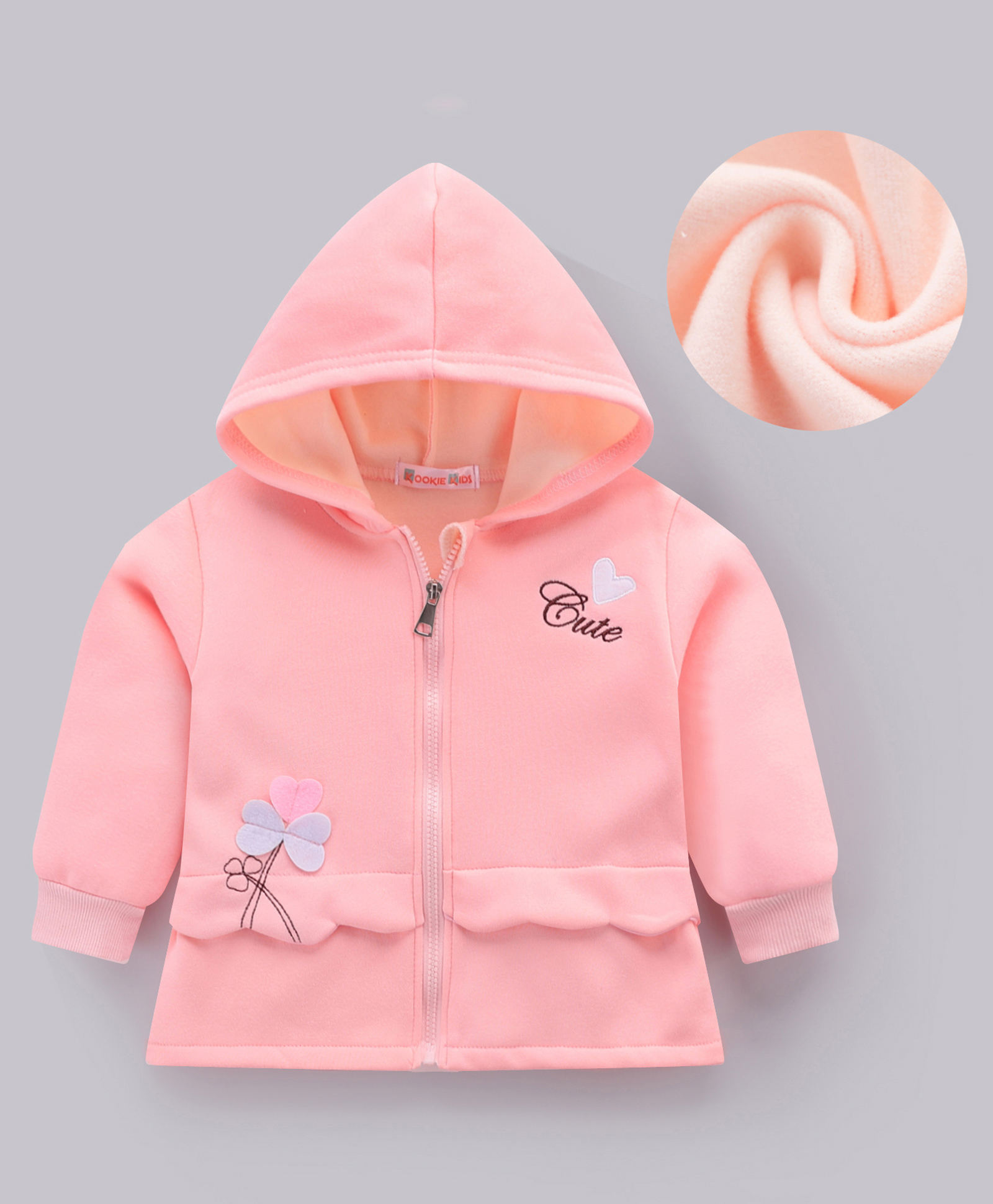 Kookie Kids Full Sleeves Front Open Hooded Jacket With Floral Applique & Frill Detailing - Pink-picture-30
