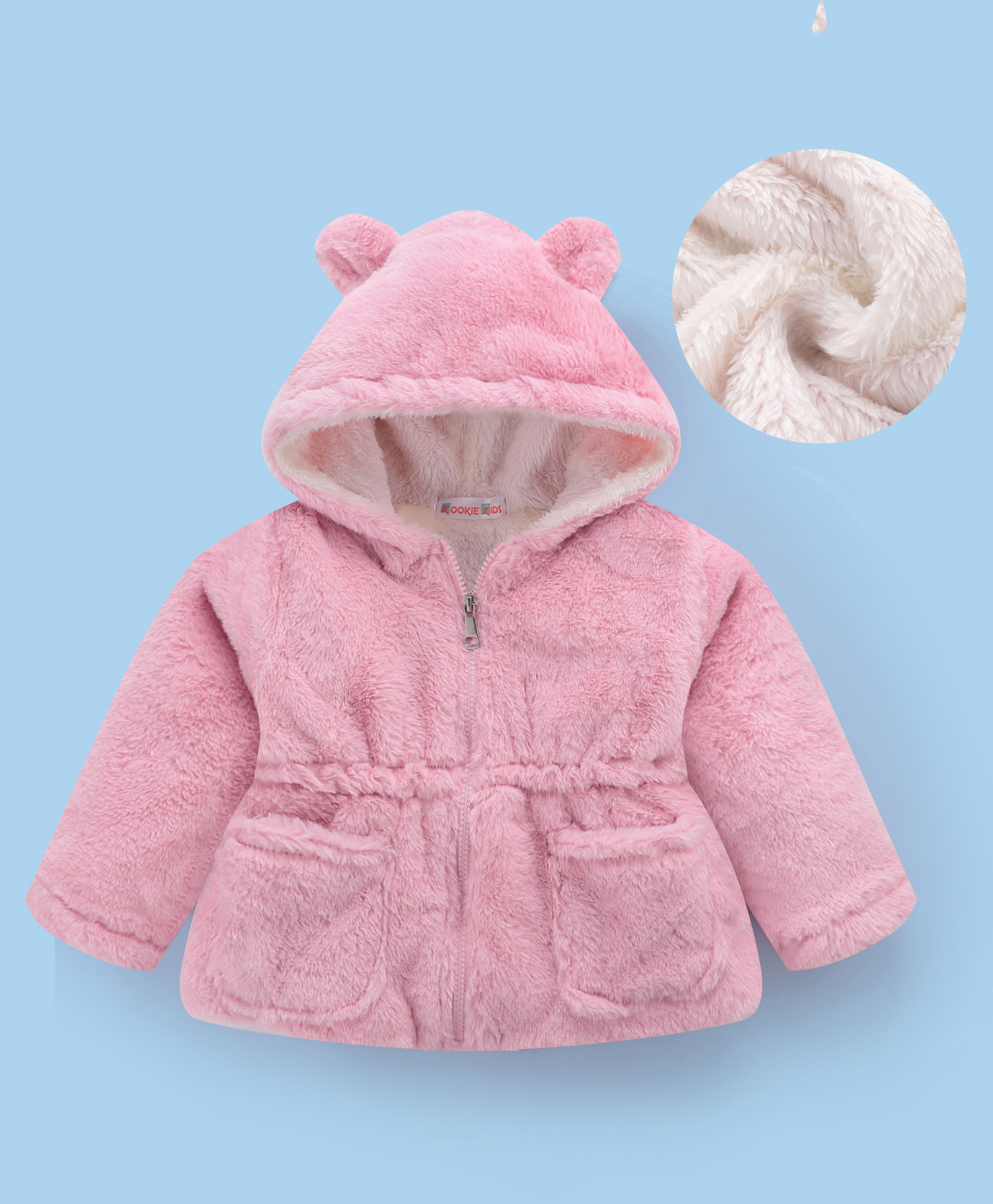 Kookie Kids Full Sleeves Front Open Hooded Solid Coloured Jacket With Ears Applique - Pink-image-24