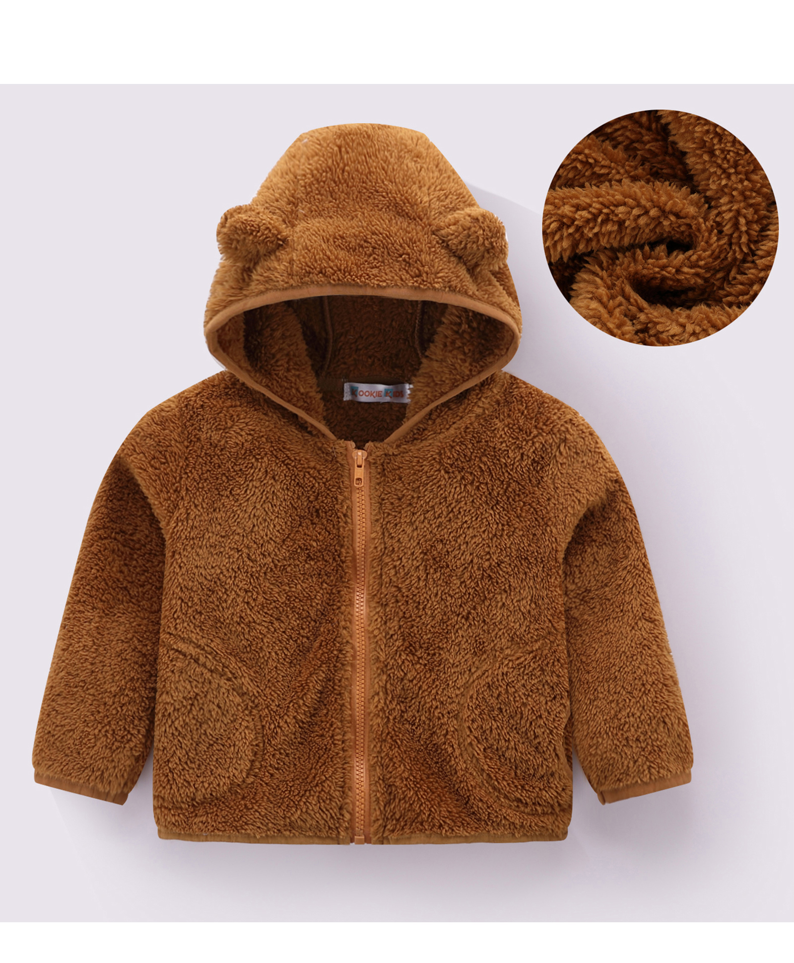 Kookie Kids Full Sleeves Hooded Jacket With Solid Colour & Ears Applique - Brown-image-25