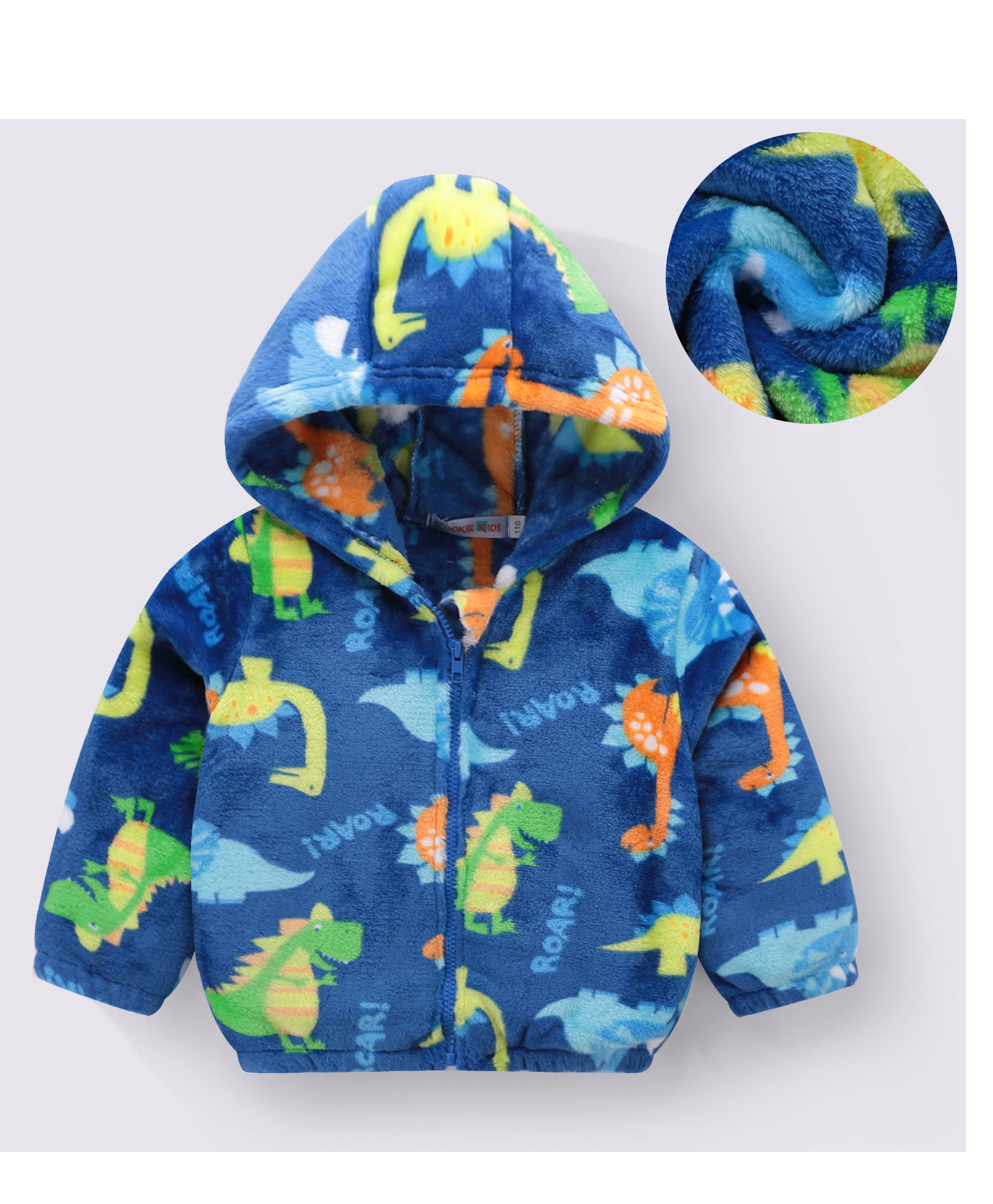 Kookie Kids Full Sleeves Hooded Sweatjacket With Dino Print - Blue-image-45